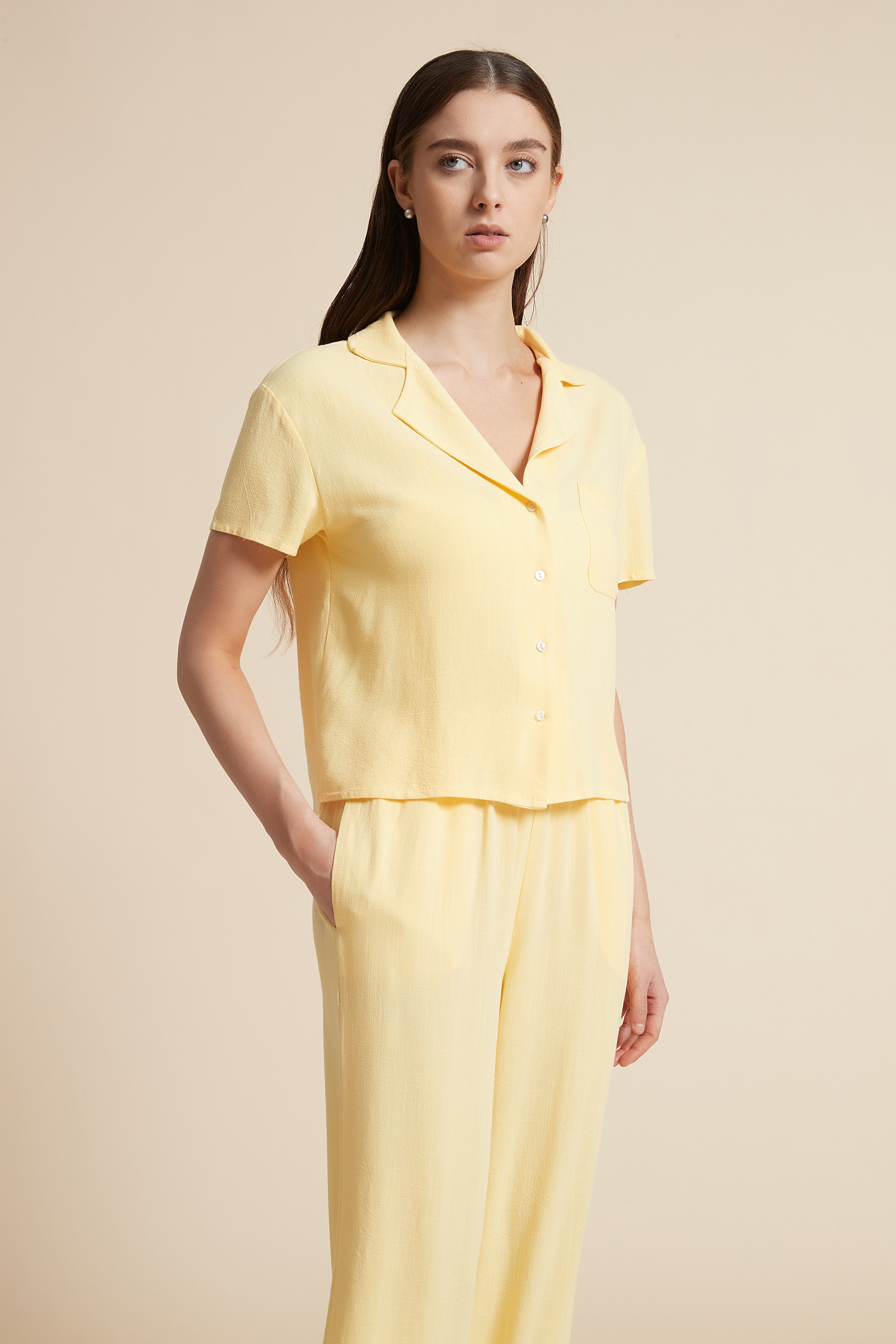 Solid Short Sleeve Blouse with Front Buttons