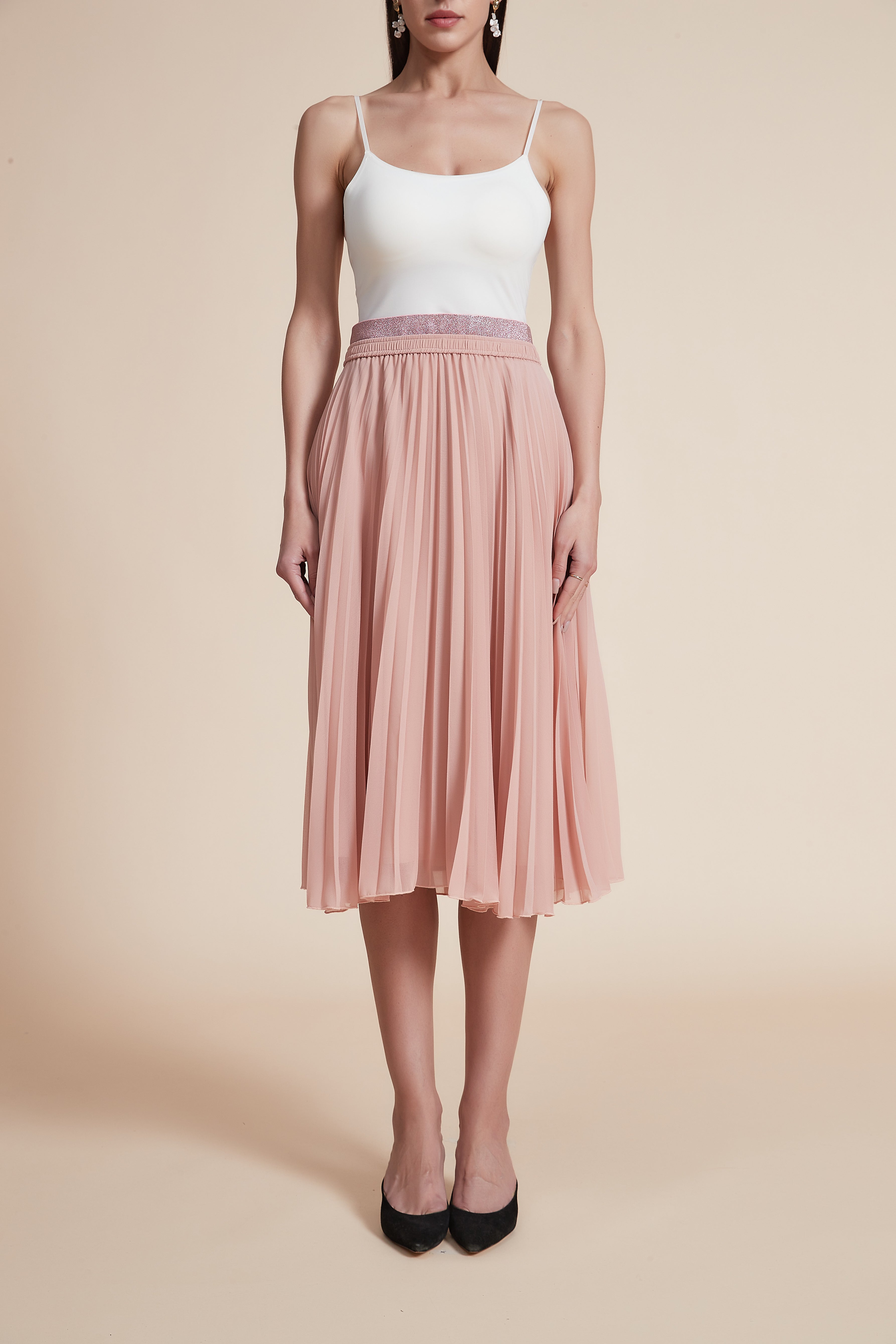 High-Waisted Pleated Knee-Length Skirt