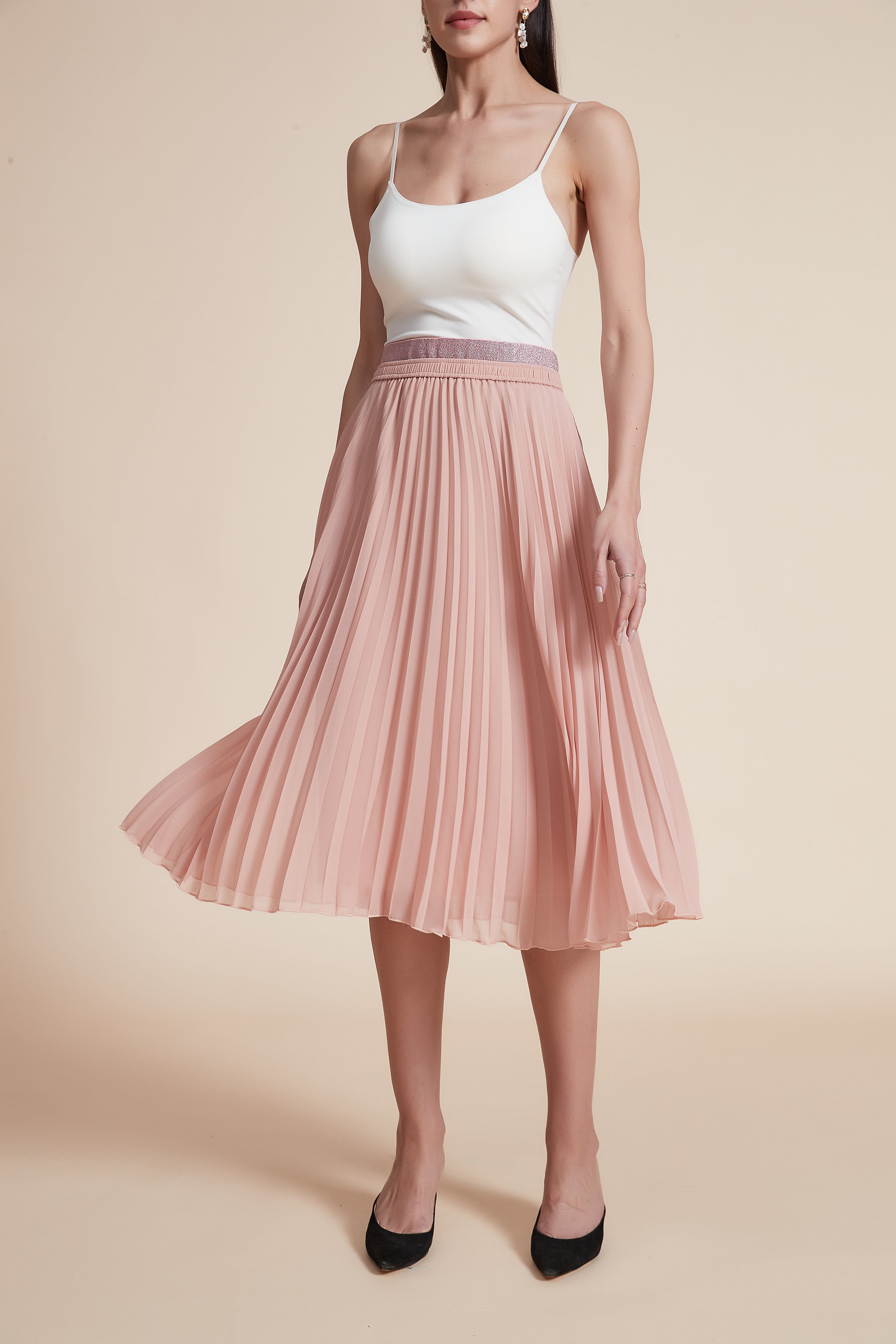 High-Waisted Pleated Knee-Length Skirt