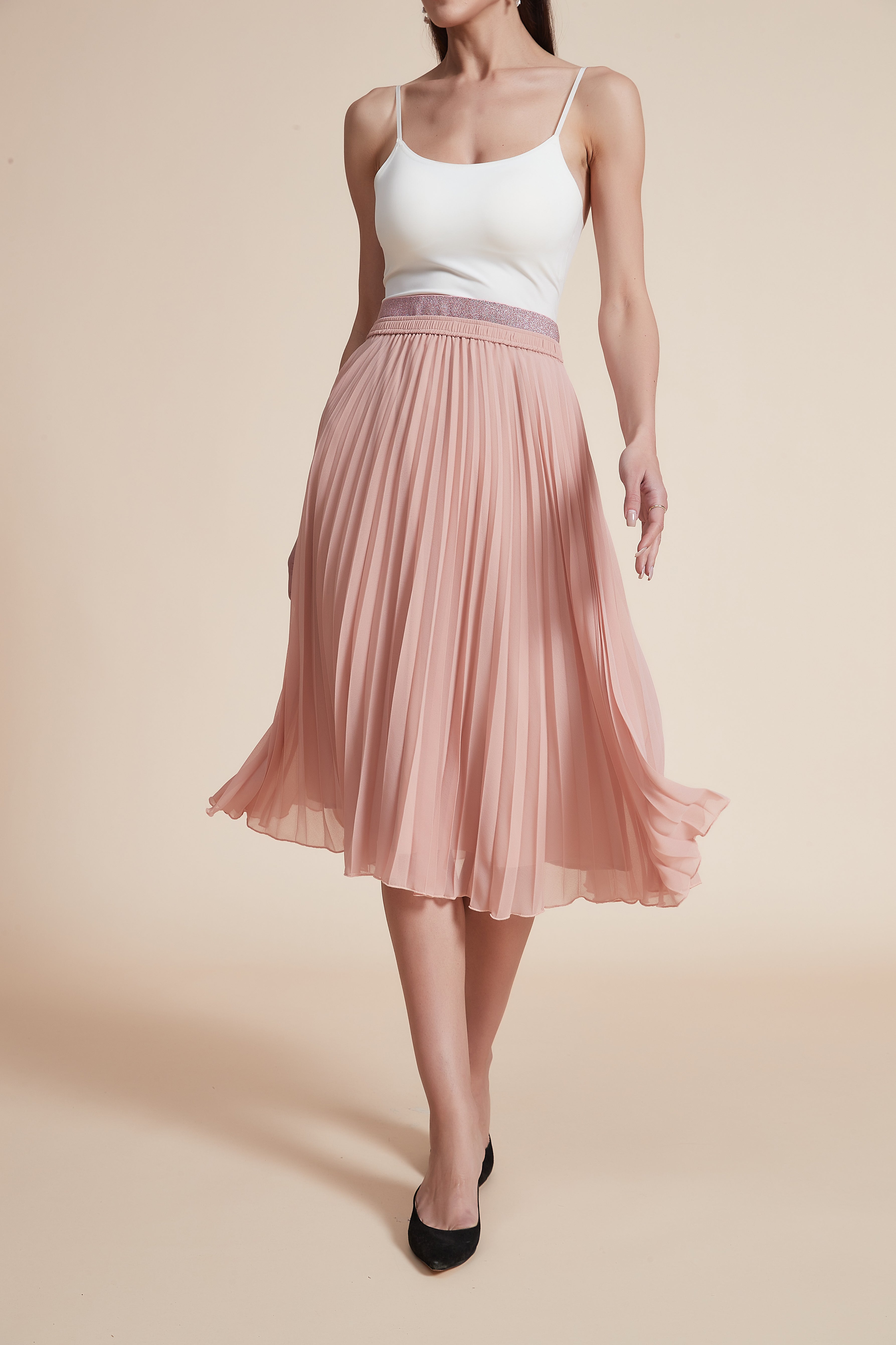 High-Waisted Pleated Knee-Length Skirt