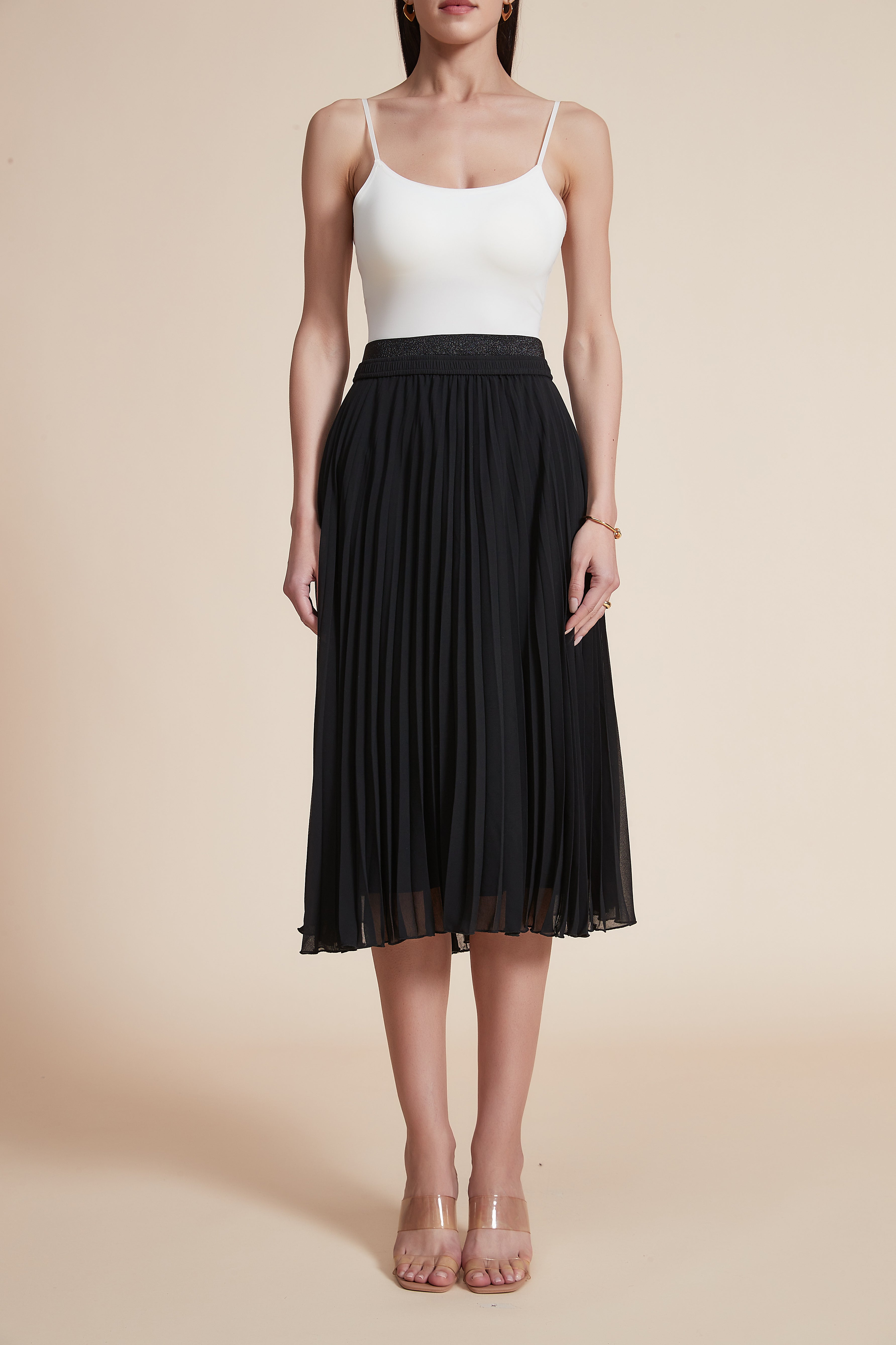 High-Waisted Pleated Knee-Length Skirt