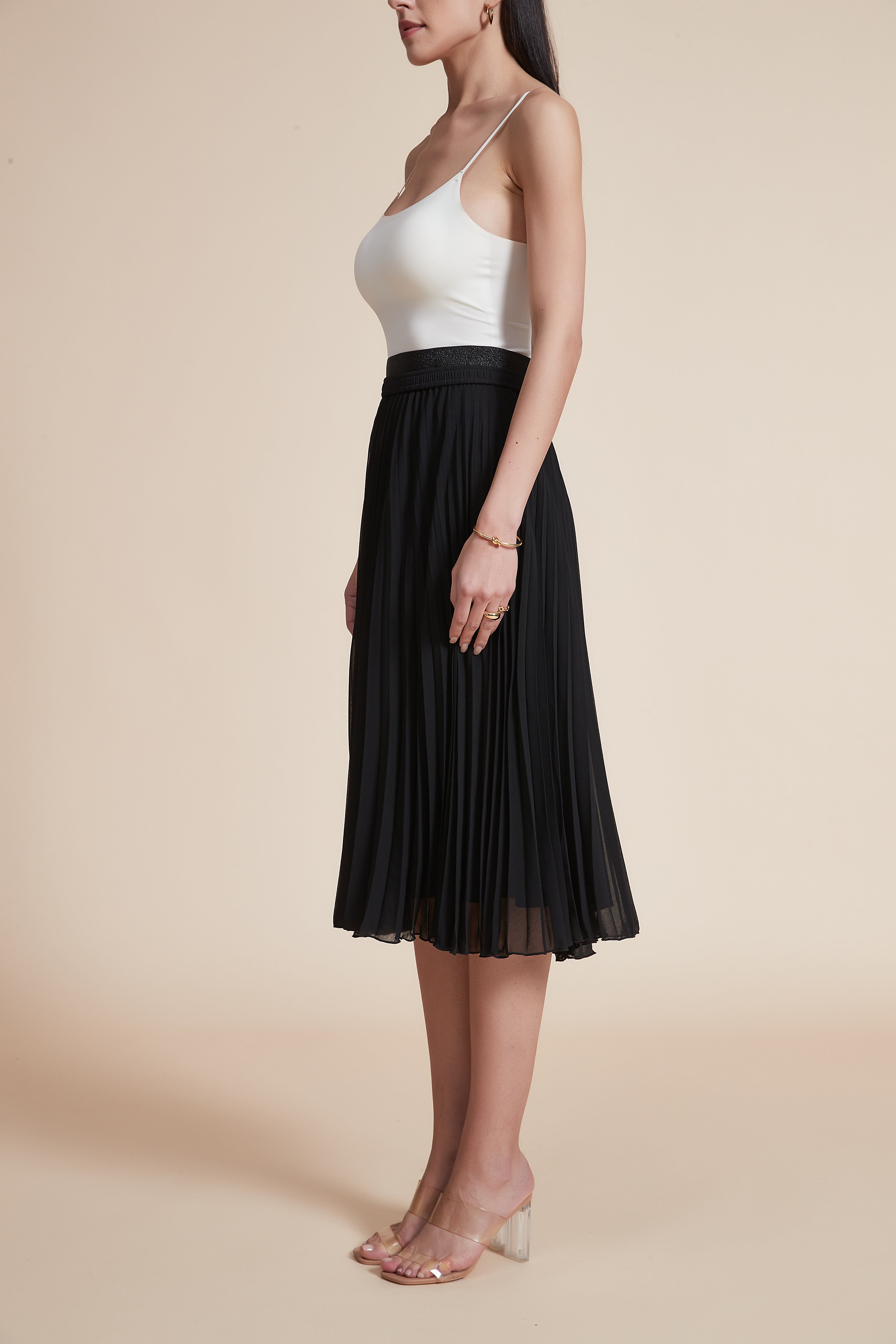 High-Waisted Pleated Knee-Length Skirt