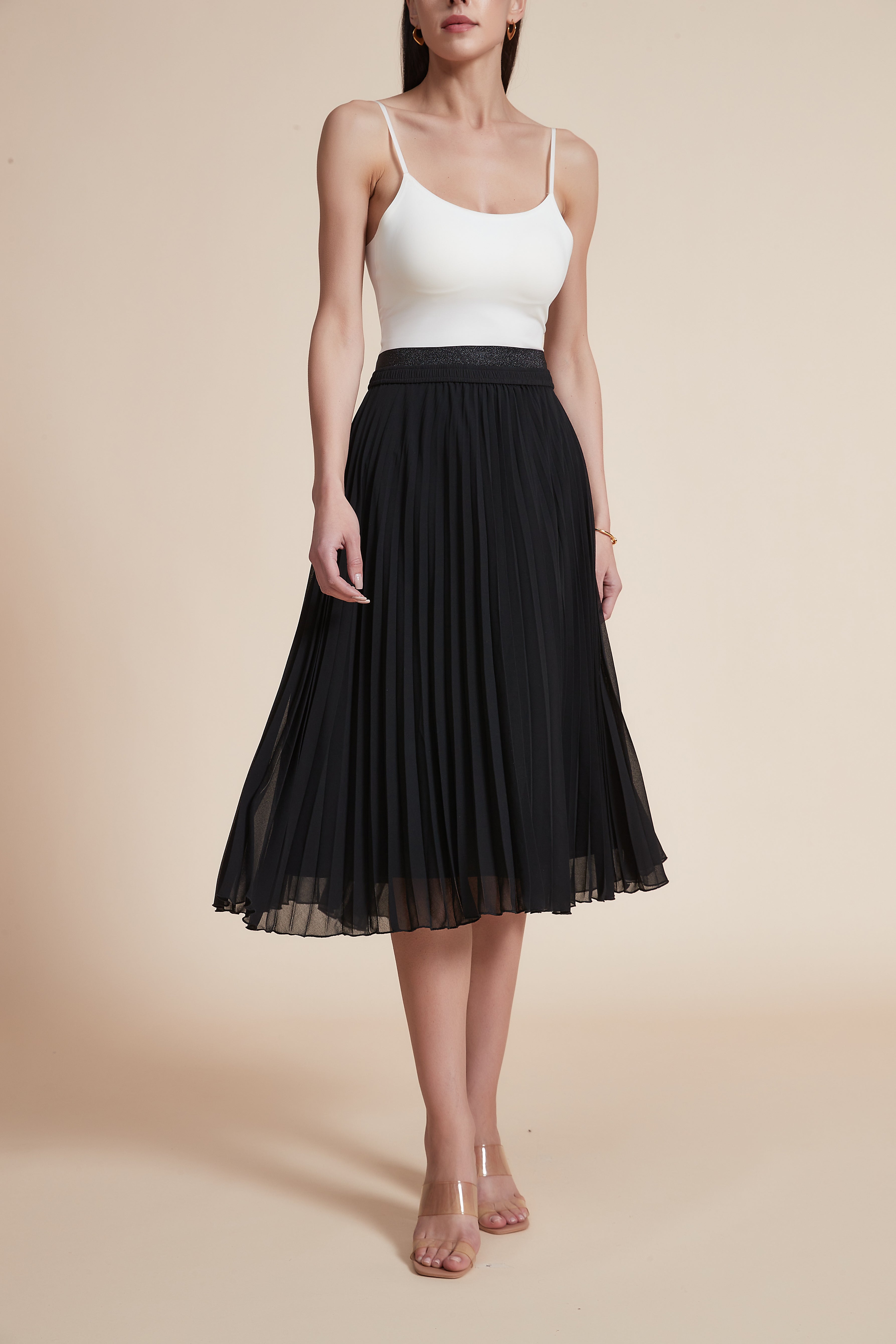 High-Waisted Pleated Knee-Length Skirt