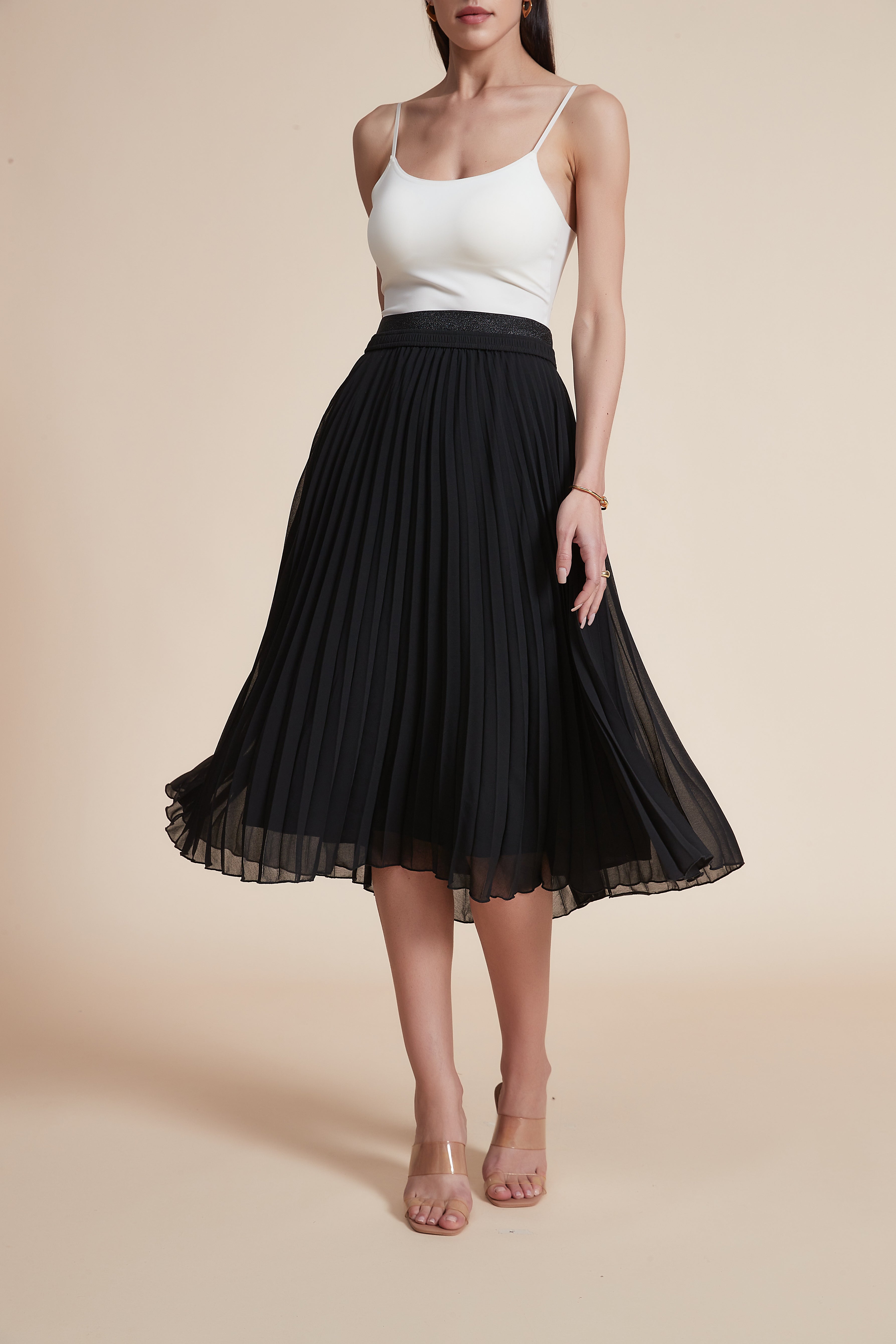 High-Waisted Pleated Knee-Length Skirt