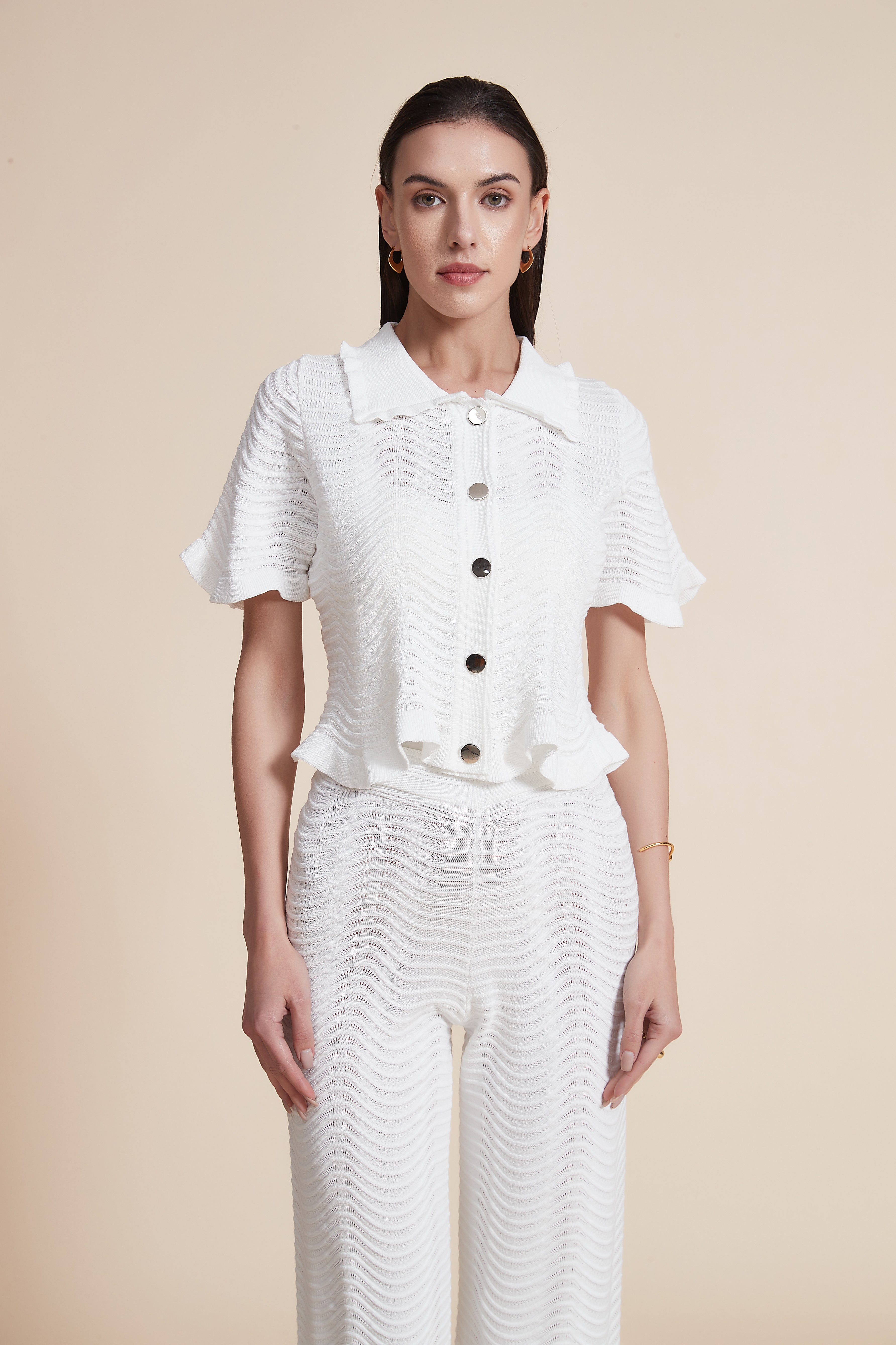 Button-Down Short Sleeve Knit Blouse