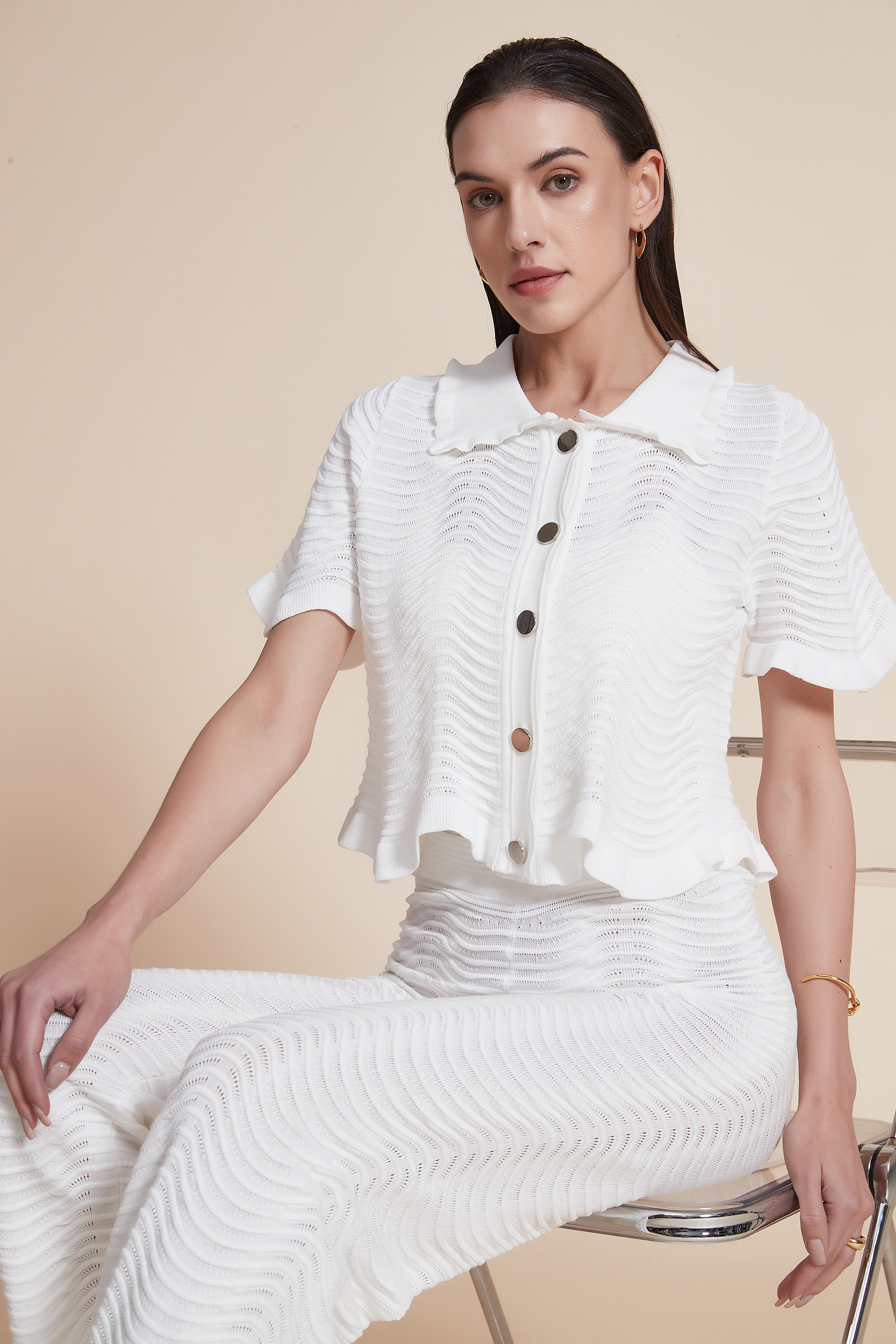 Button-Down Short Sleeve Knit Blouse