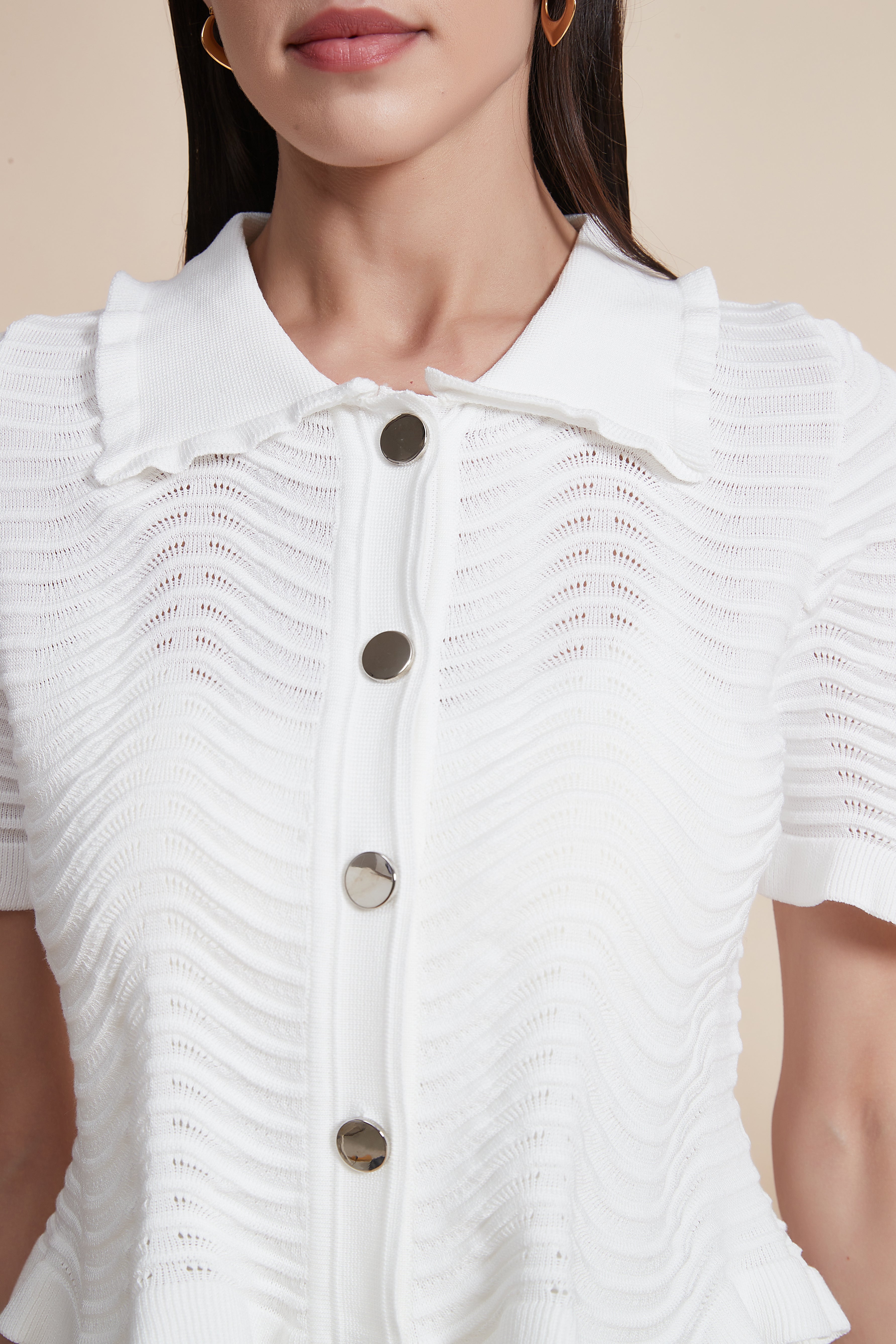 Button-Down Short Sleeve Knit Blouse
