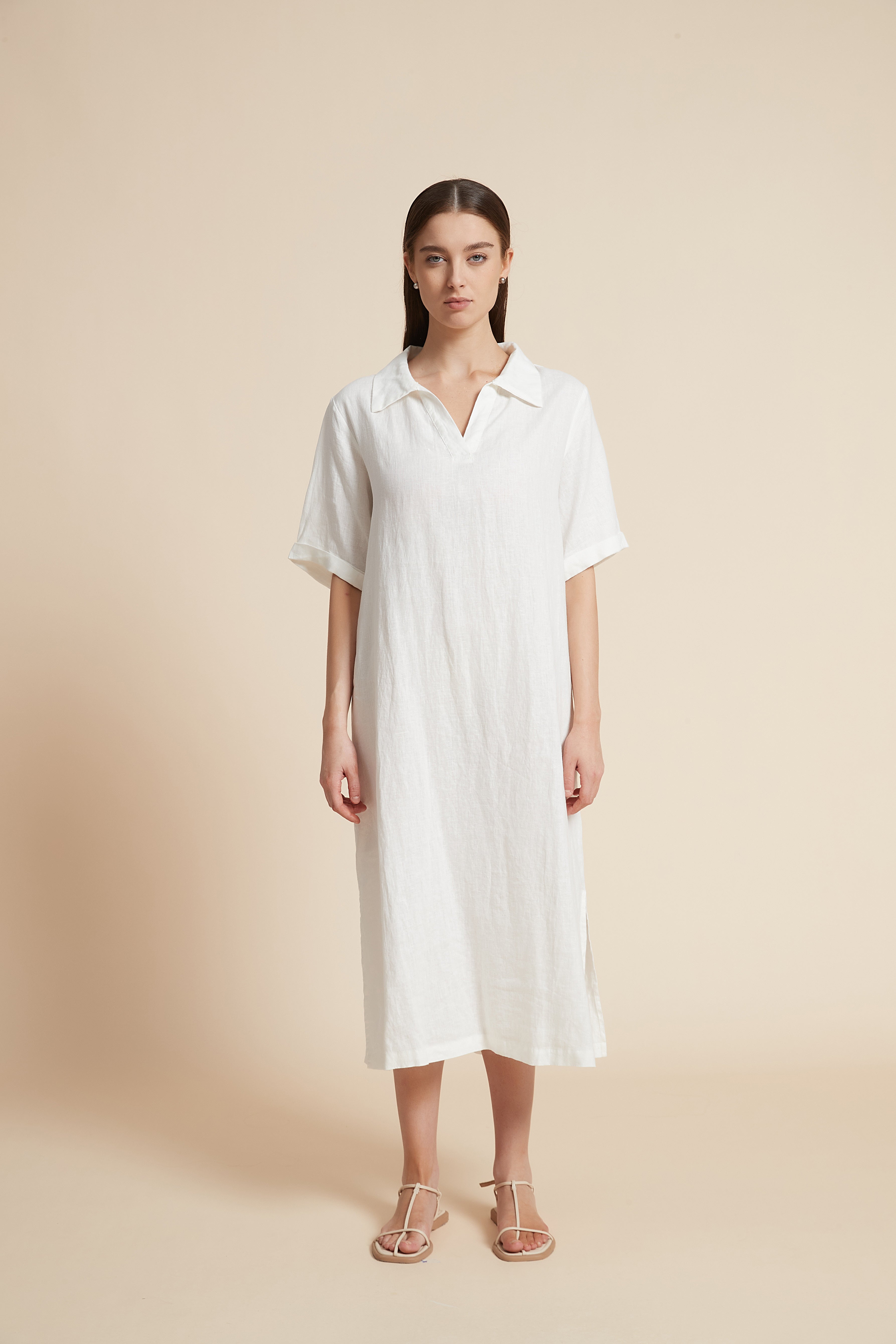 Plain Midi Dress with V-Neckline