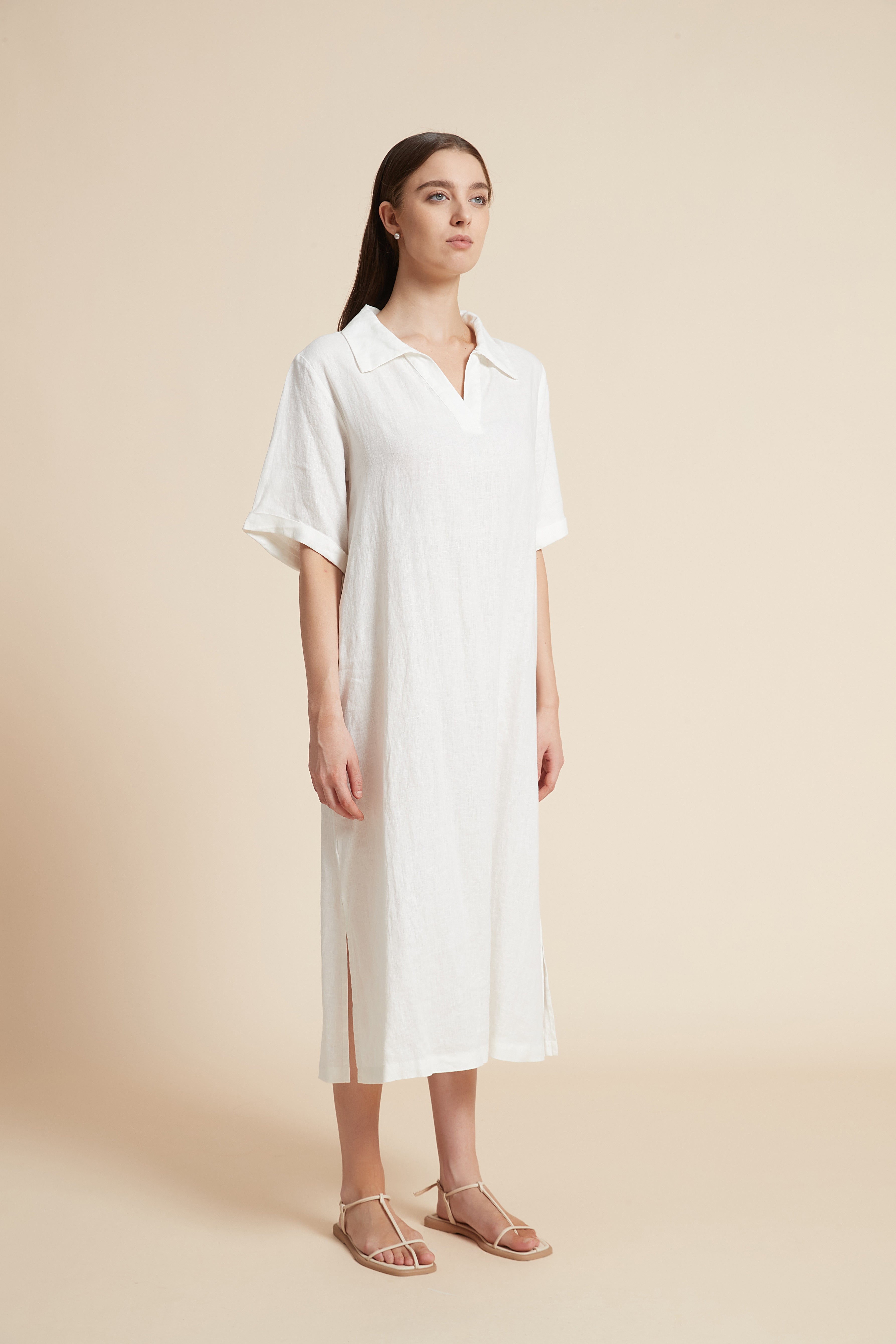 Plain Midi Dress with V-Neckline