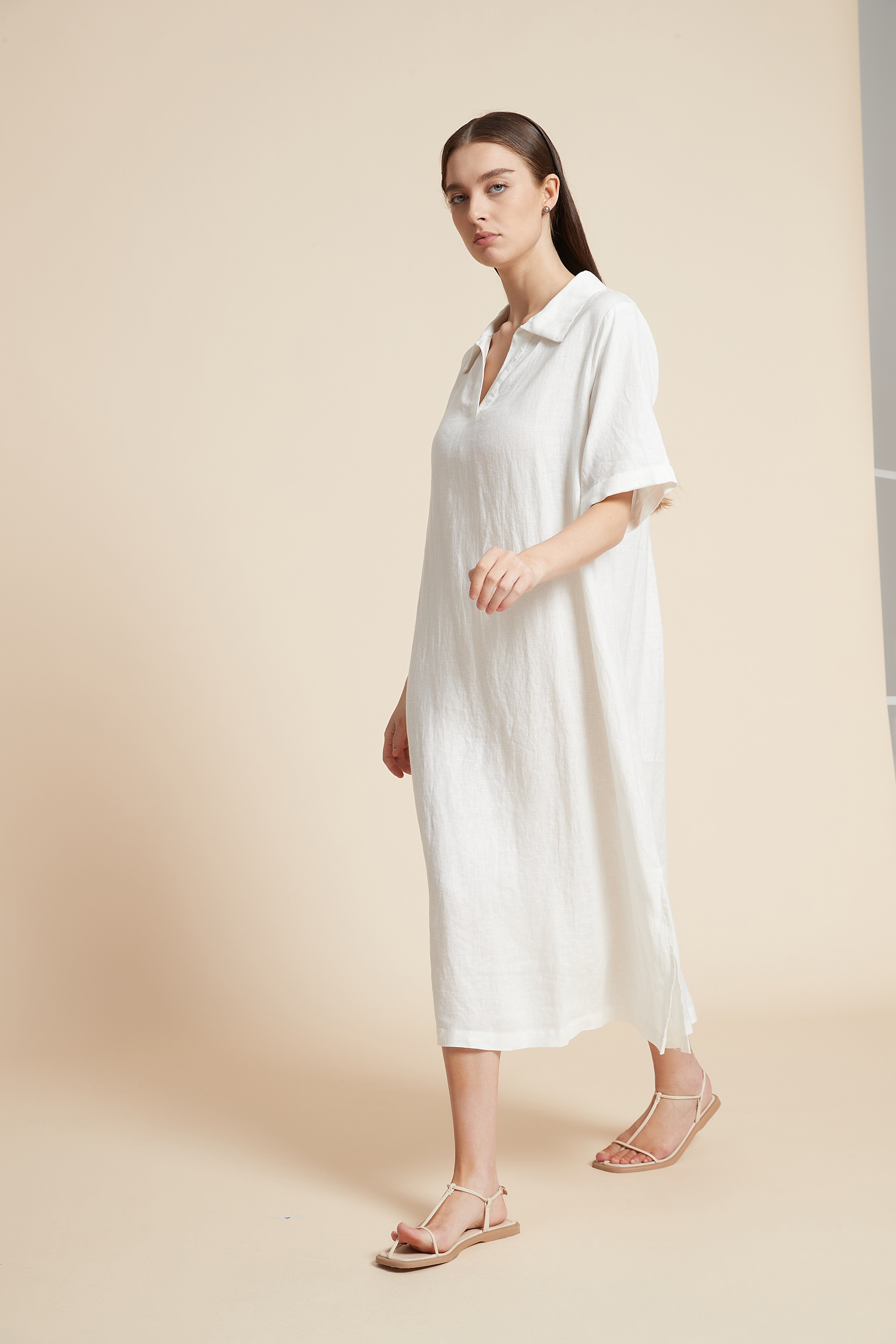 Plain Midi Dress with V-Neckline