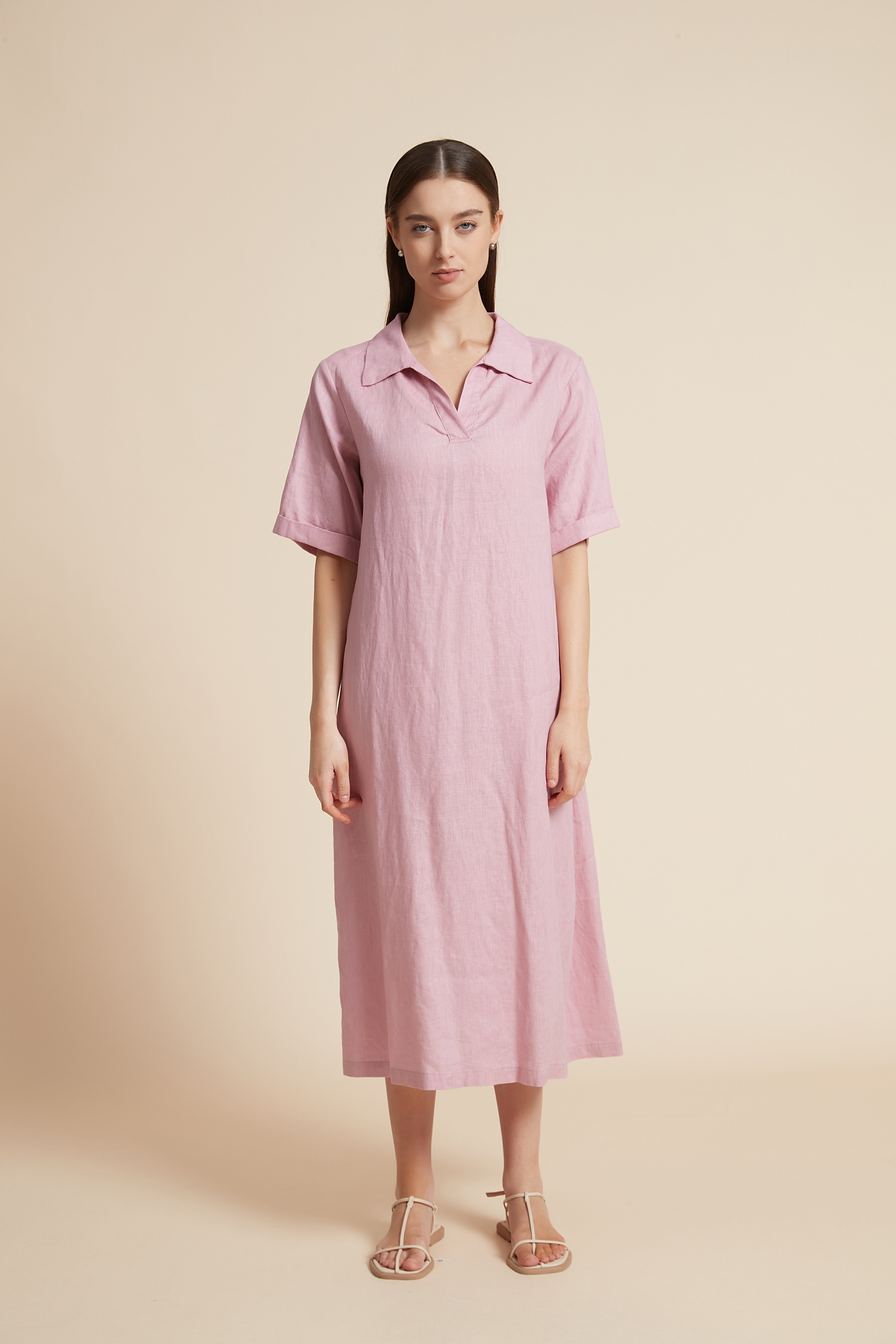 Plain Midi Dress with V-Neckline