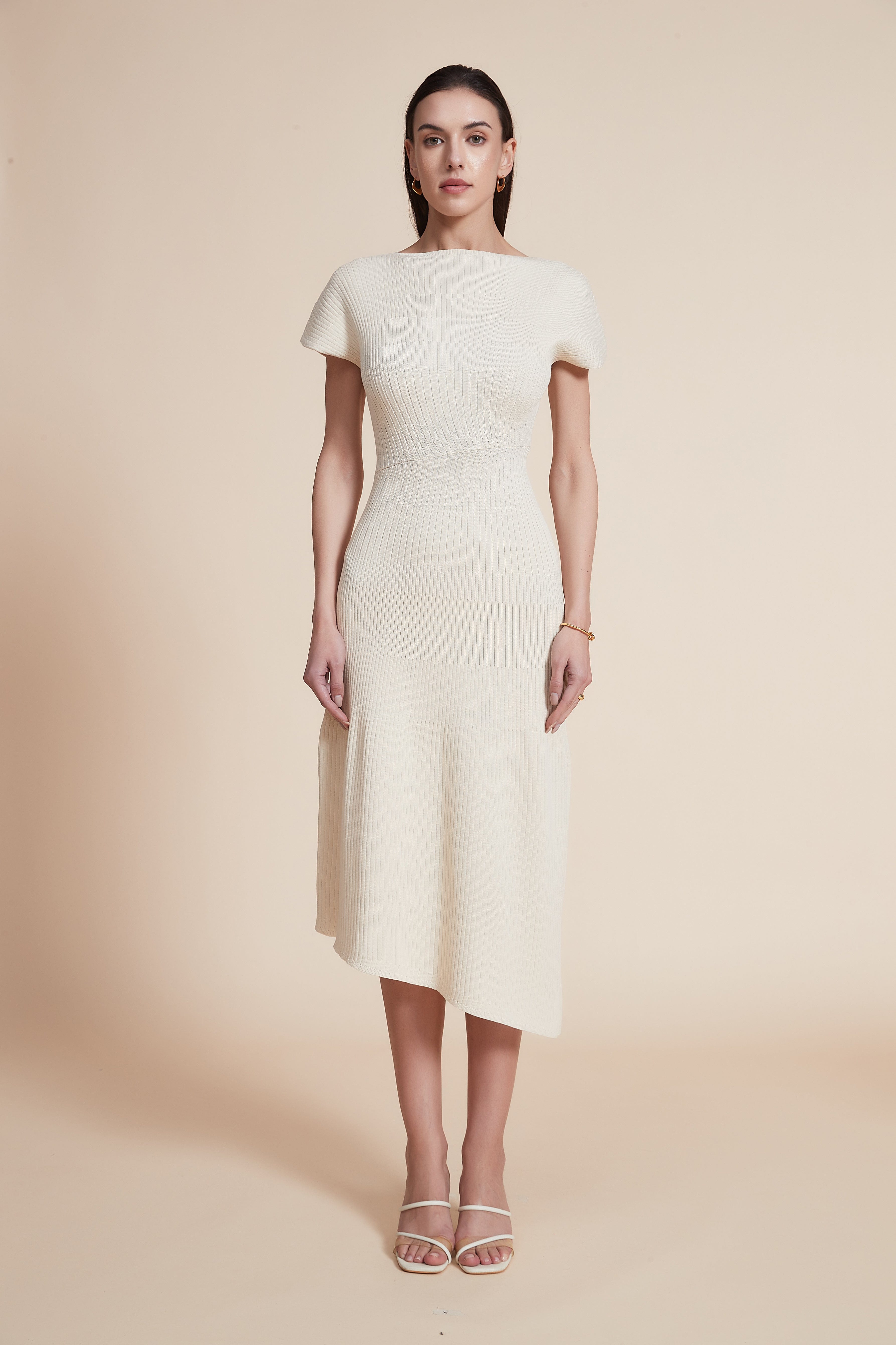 Plain Midi Dress with Short Sleeves and Boat Neck