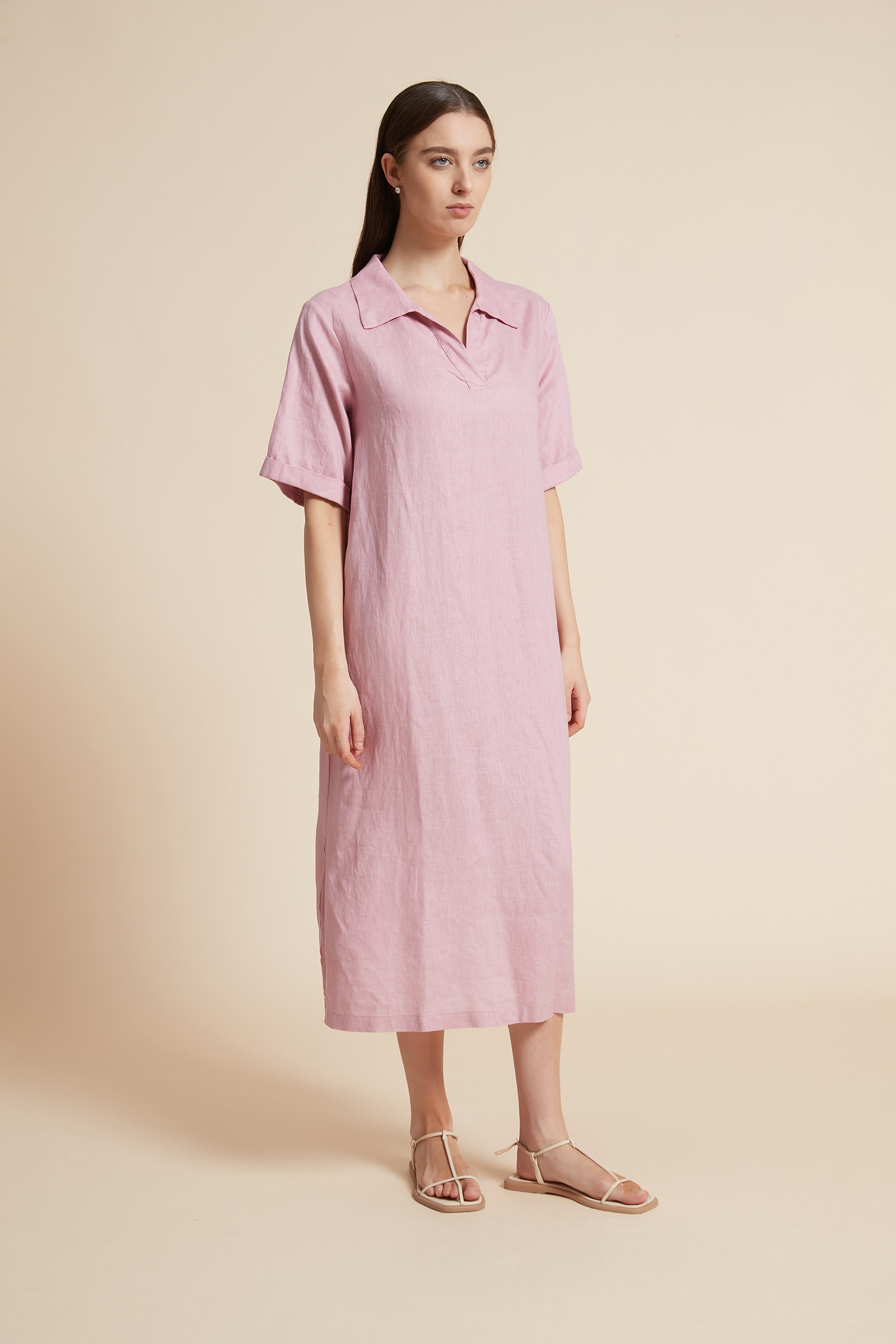 Plain Midi Dress with V-Neckline