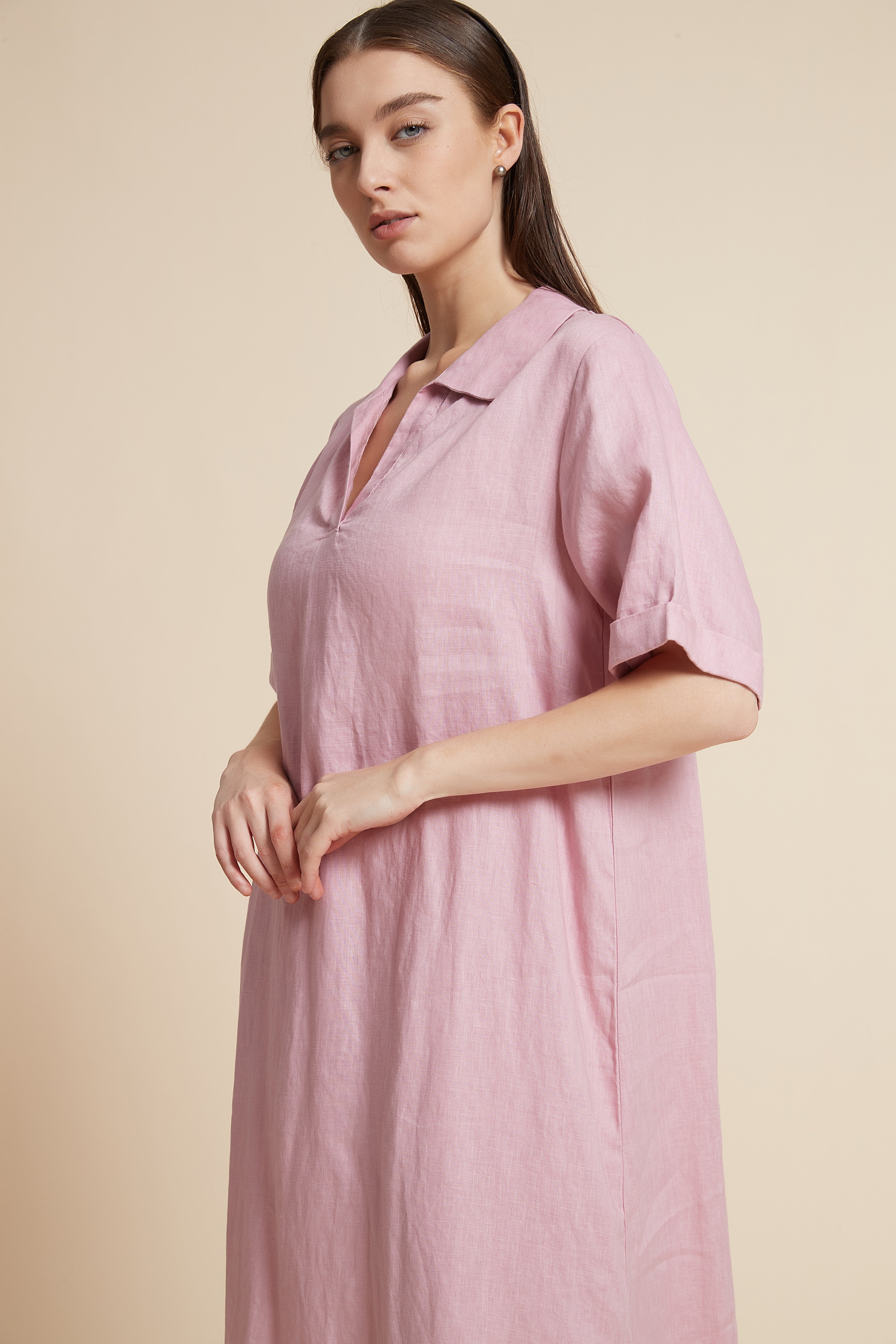 Plain Midi Dress with V-Neckline