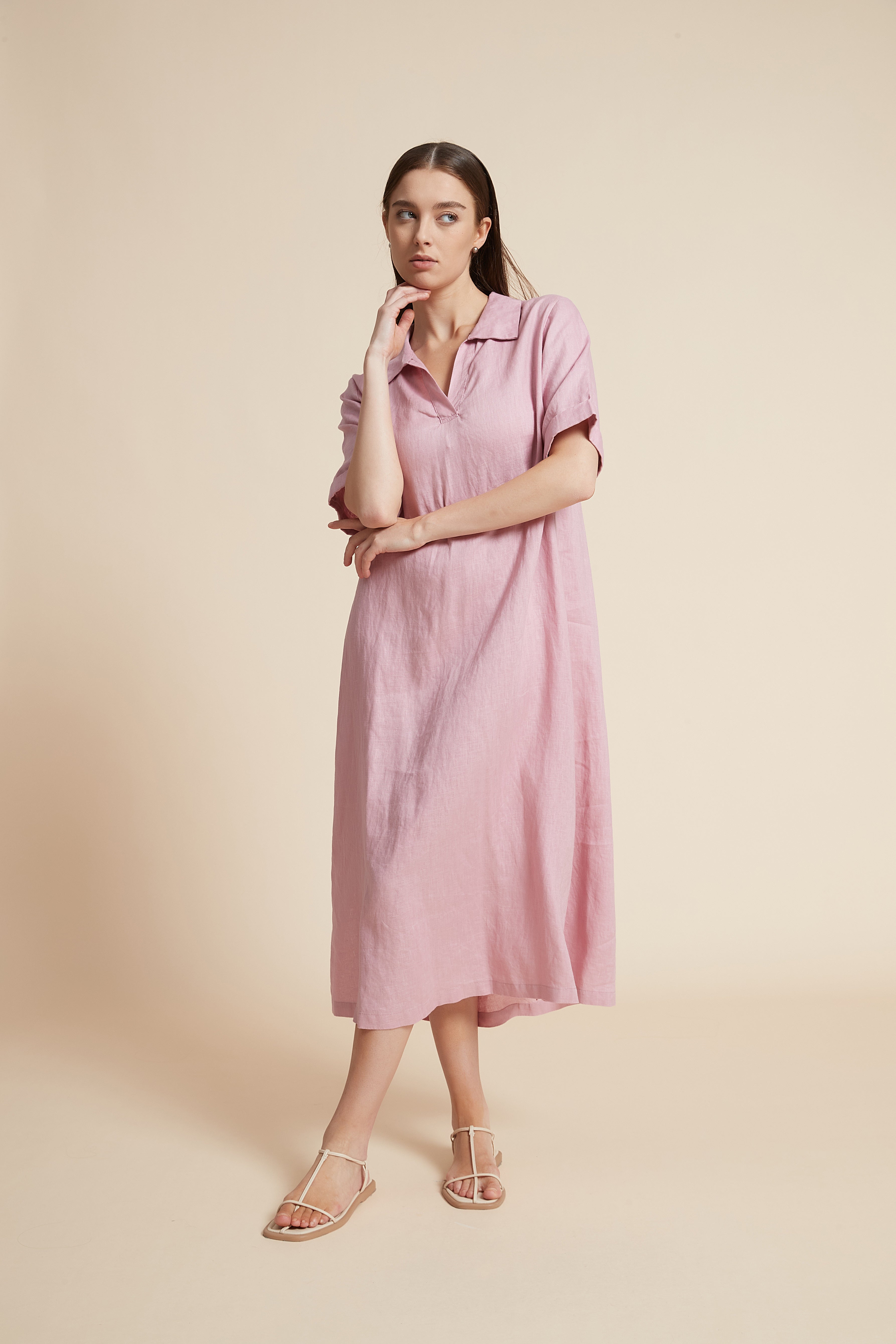 Plain Midi Dress with V-Neckline