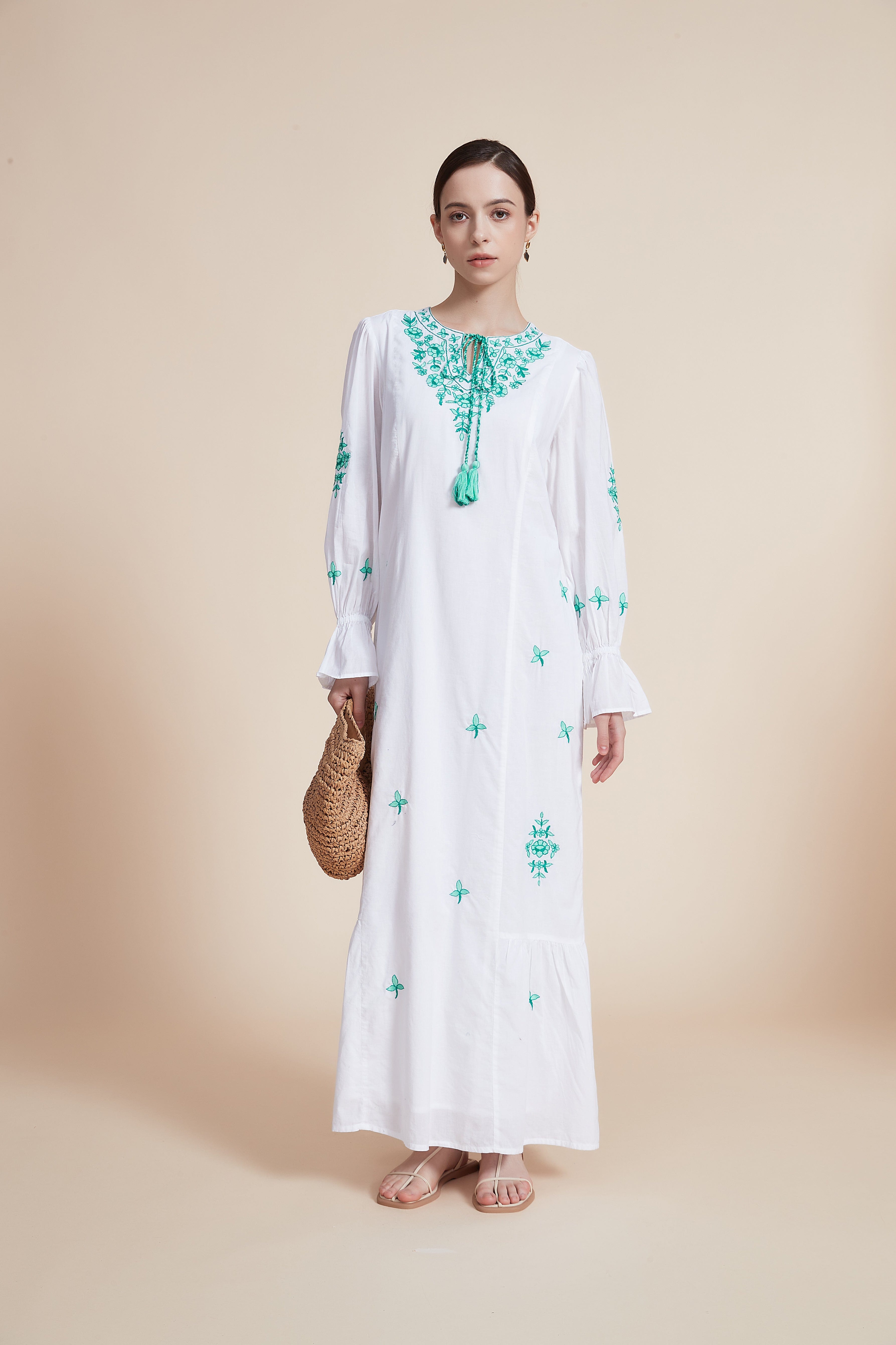 Embroidered Long Sleeve Maxi Dress