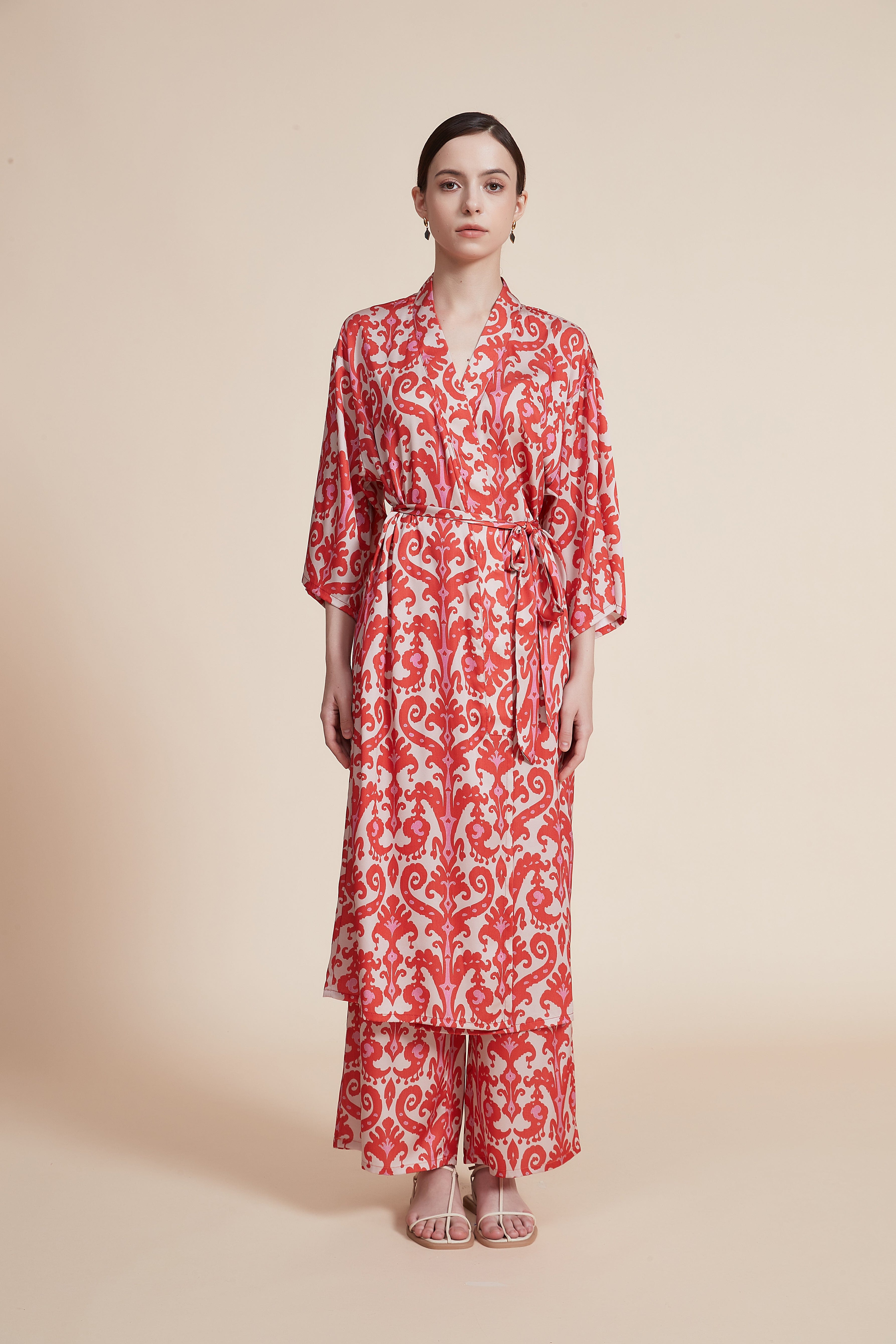 Printed Home Pajama Set with Long Pants and 3/4 Sleeve Cardigan