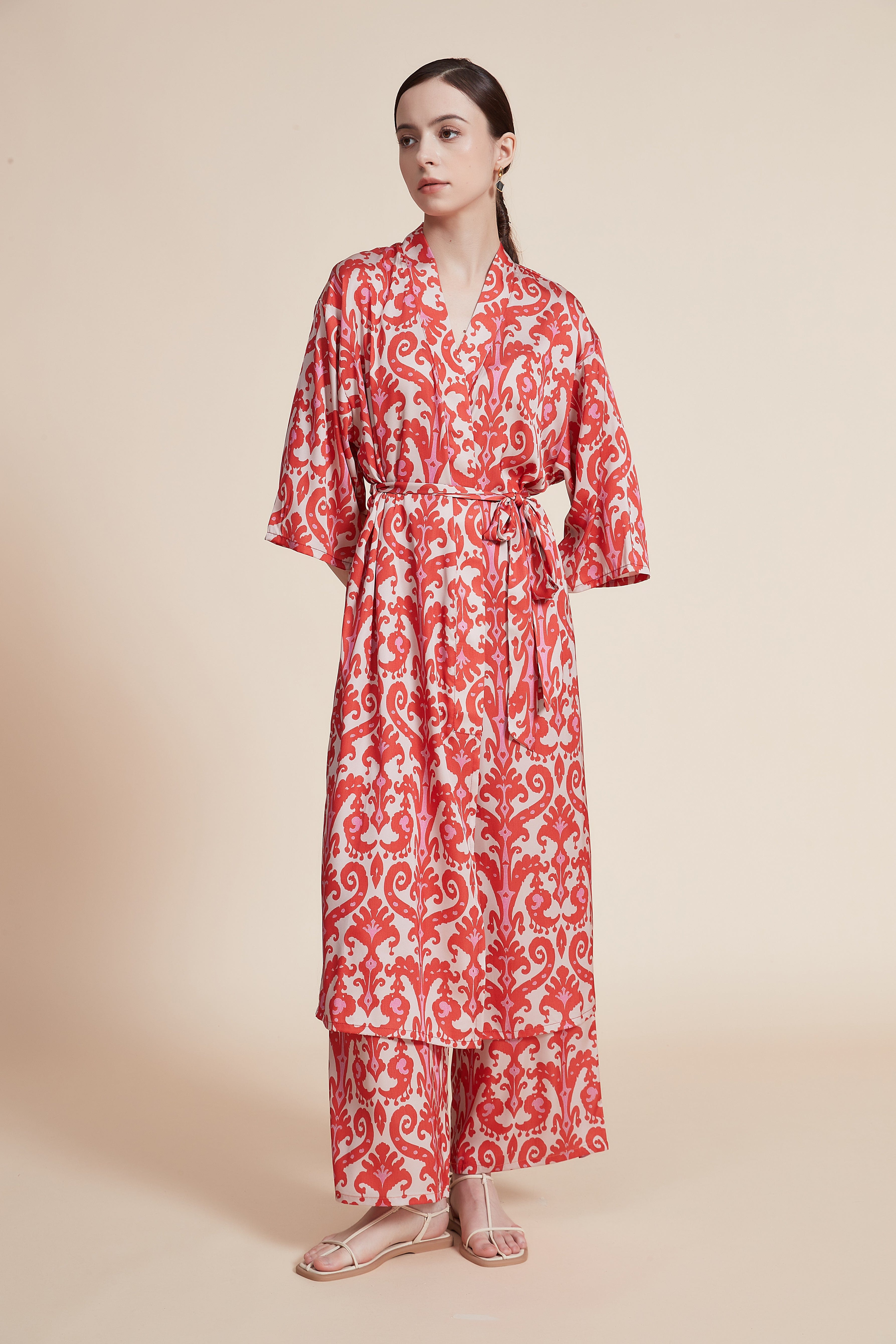 Printed Home Pajama Set with Long Pants and 3/4 Sleeve Cardigan