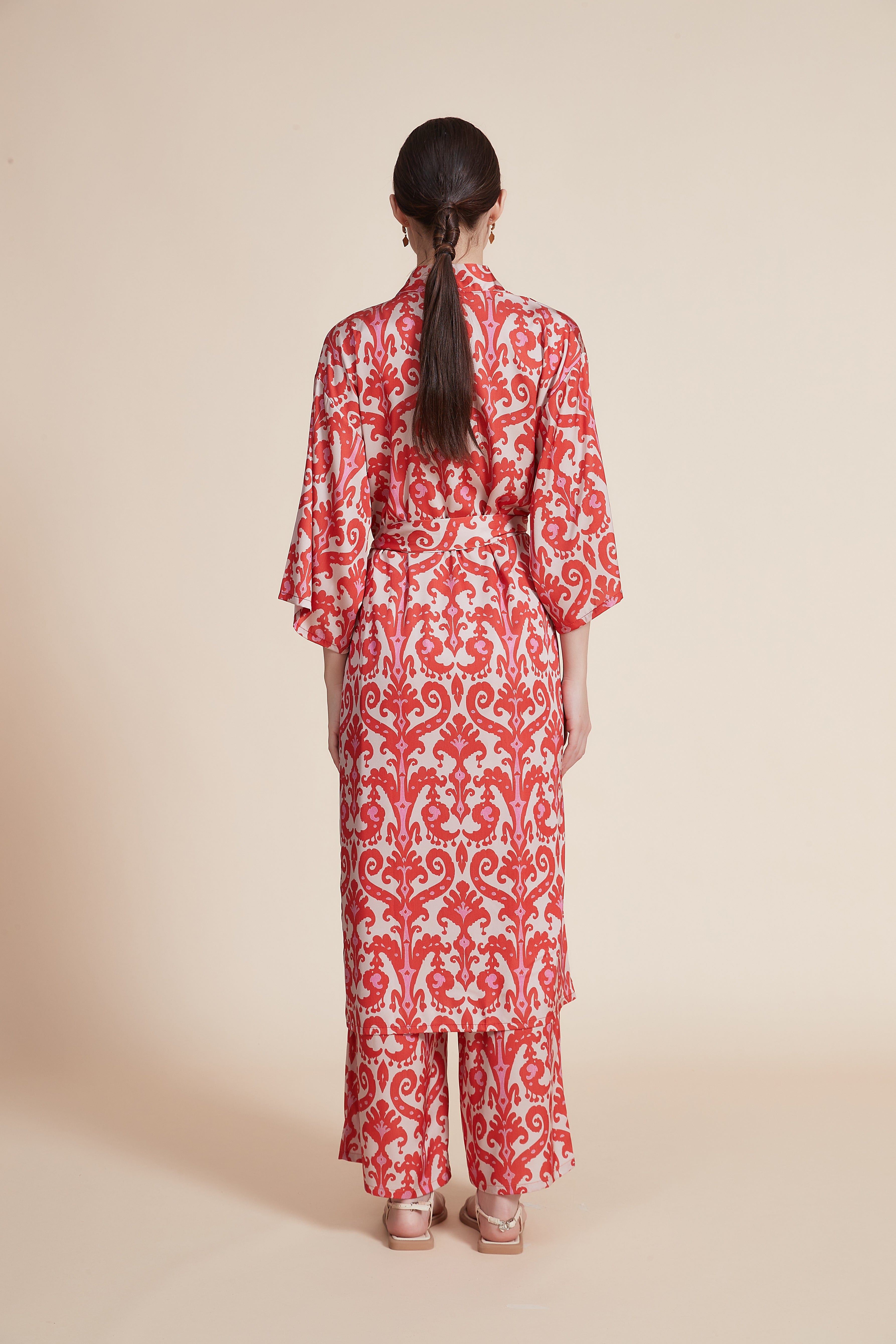 Printed Home Pajama Set with Long Pants and 3/4 Sleeve Cardigan