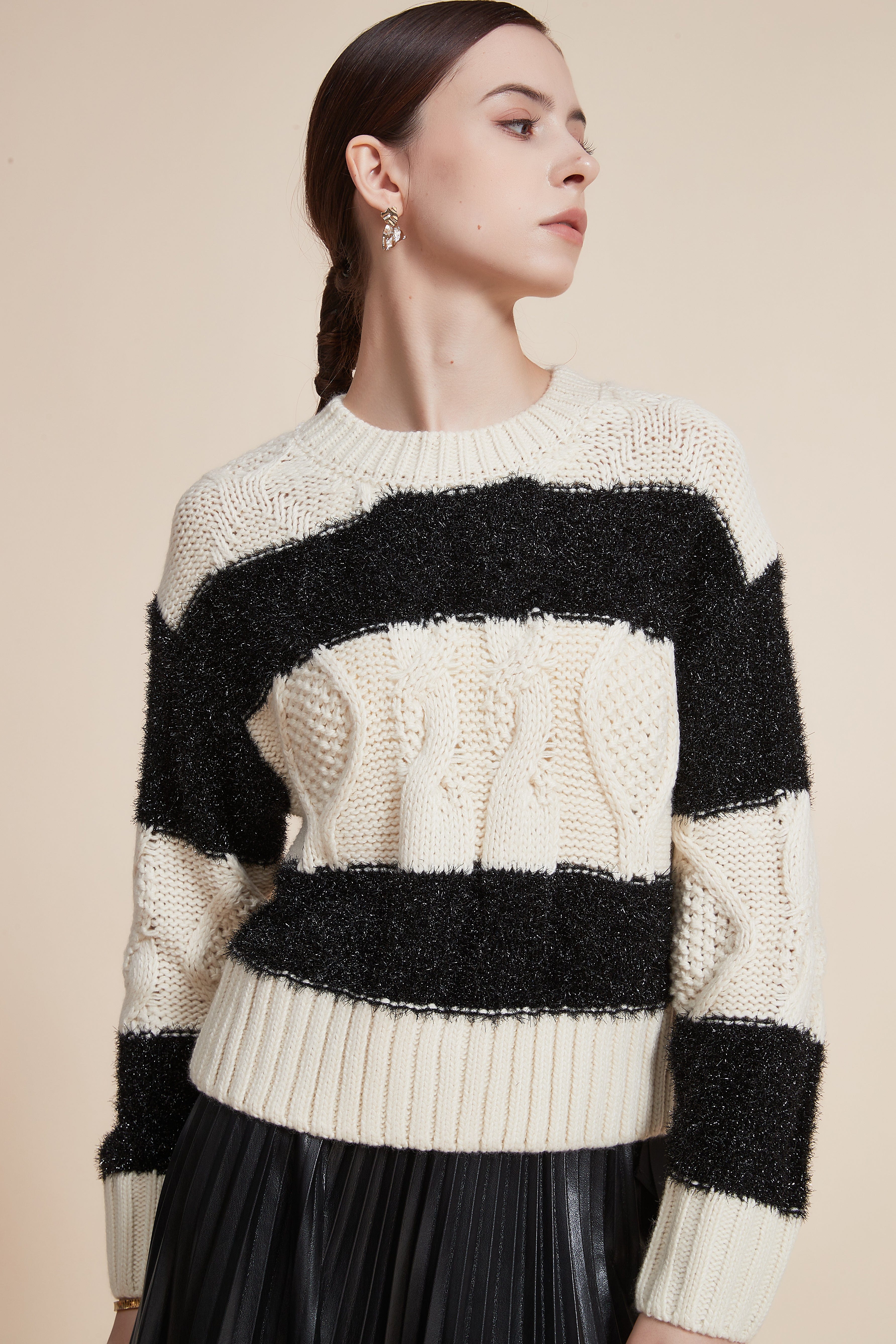 Striped Long Sleeve Loose Blouse with Round Neck