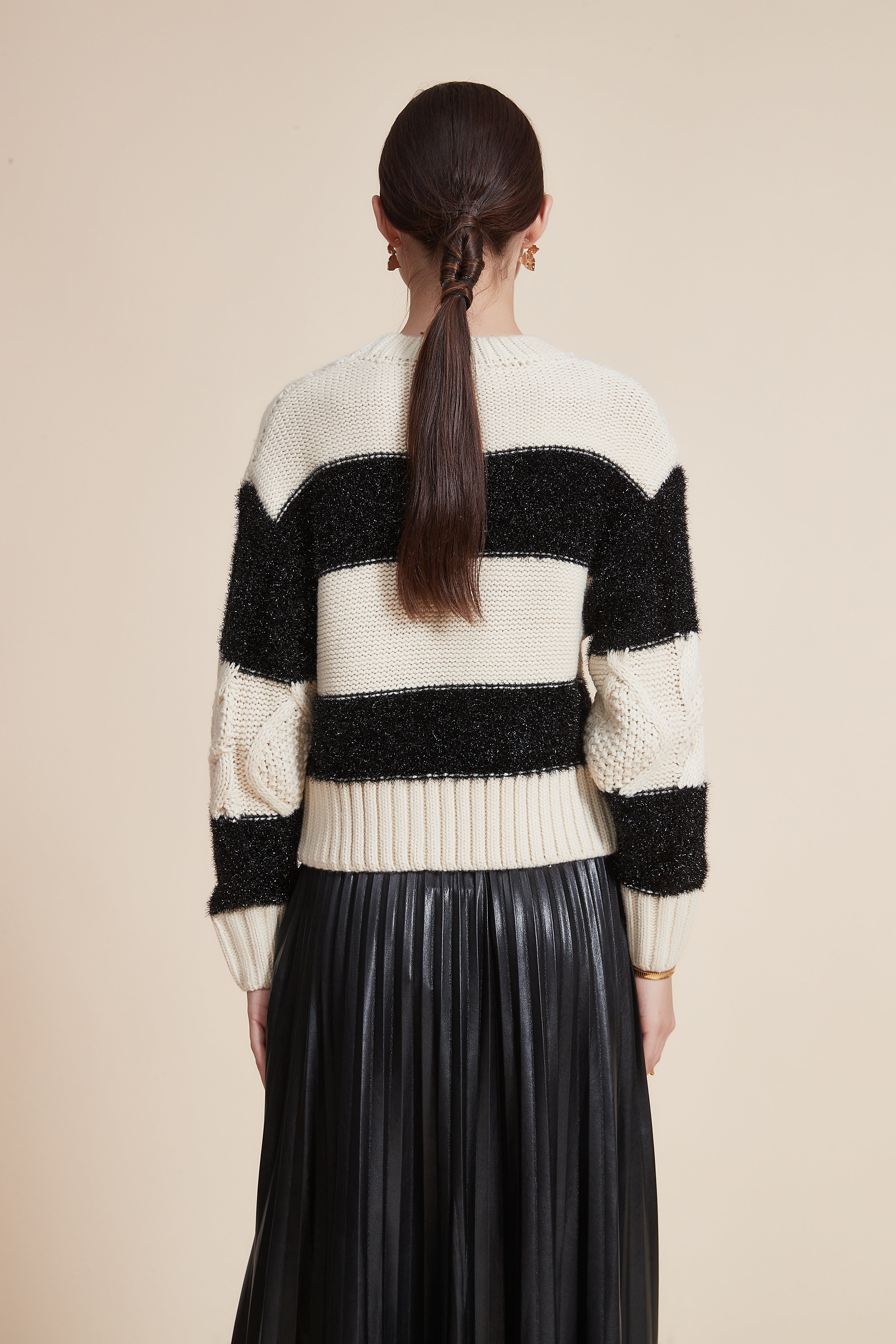 Striped Long Sleeve Loose Blouse with Round Neck