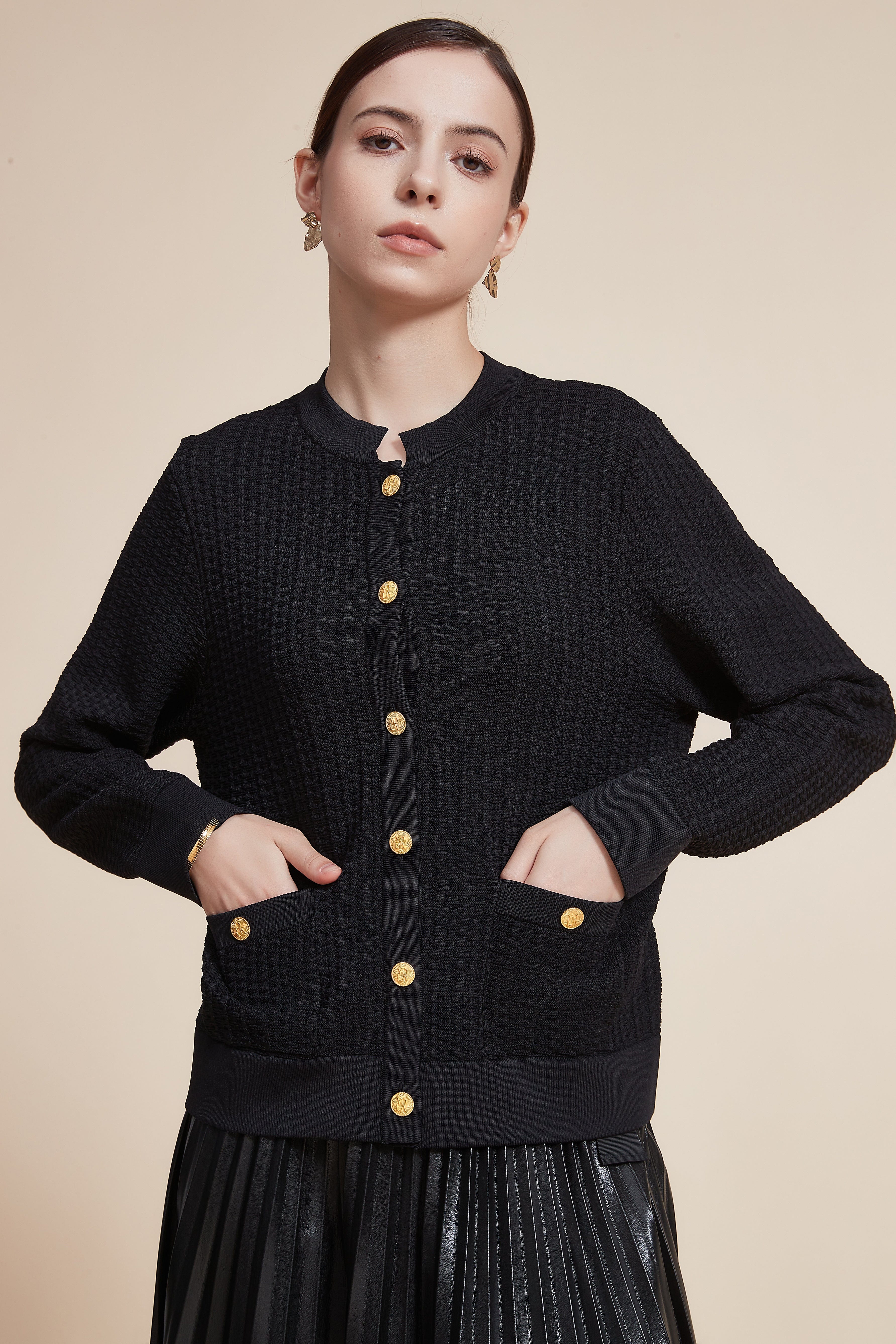 Long Sleeve Ribbed Jacket with Pockets and Buttons