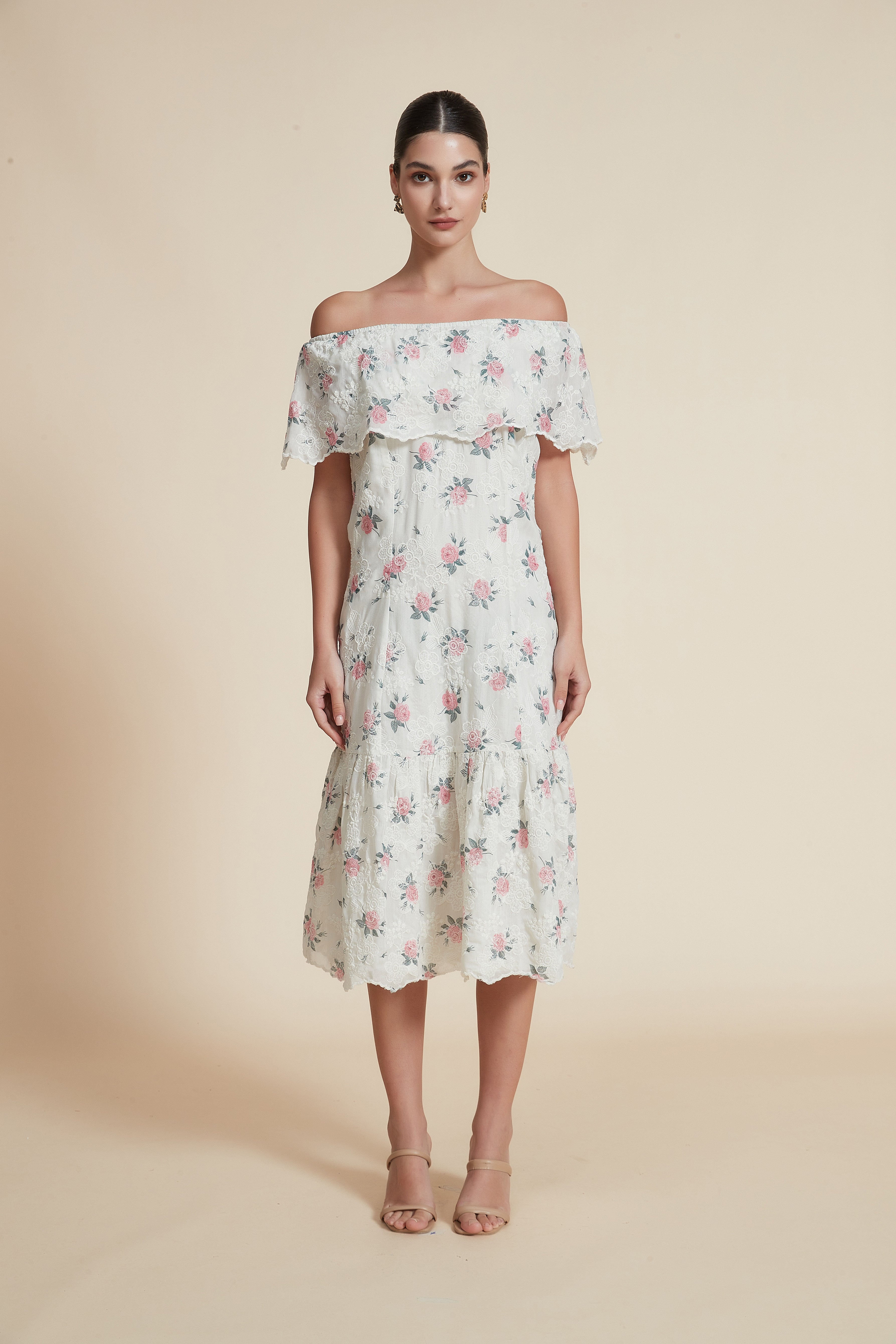 Ruffled Off-Shoulder Midi Dress in Mauve