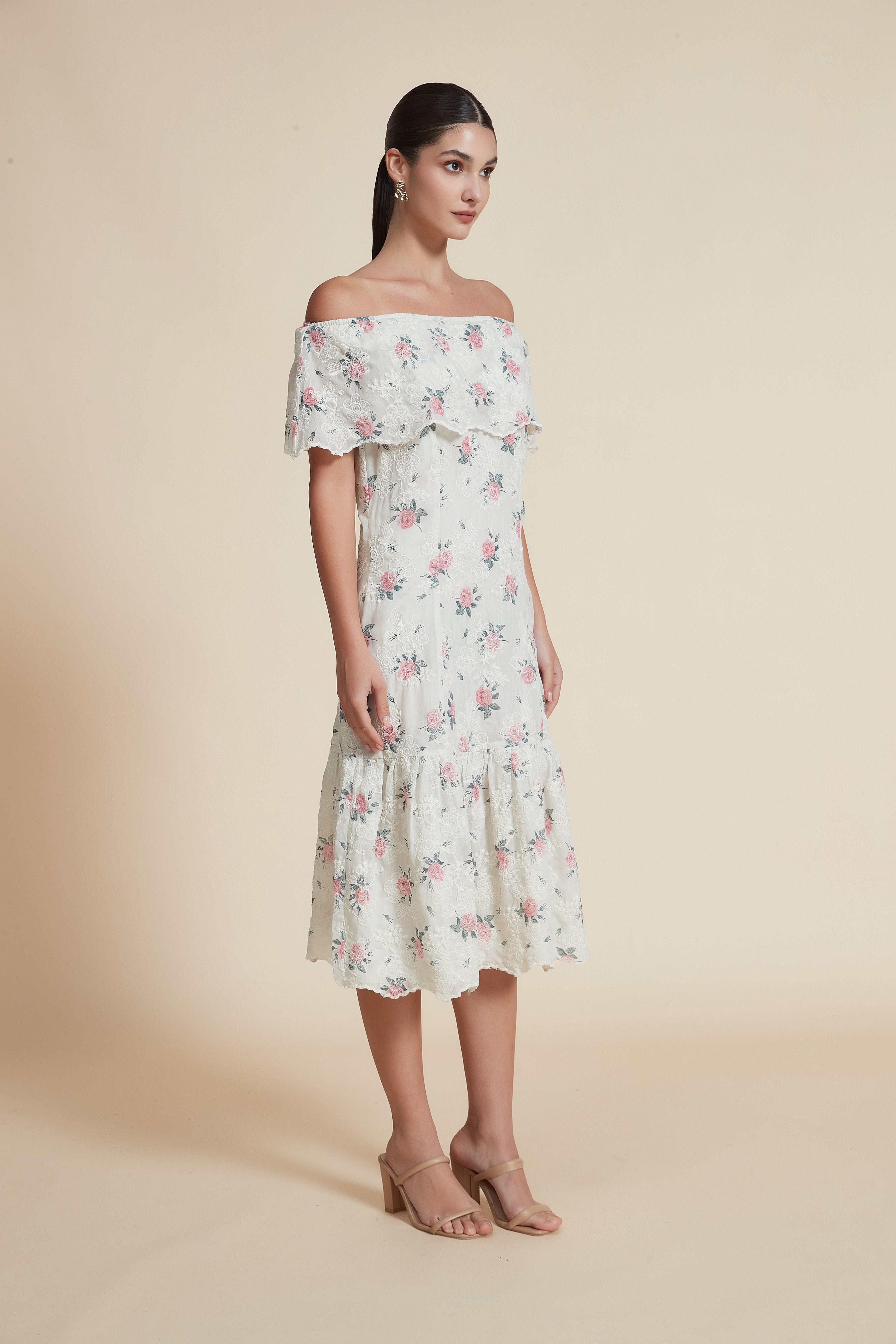 Ruffled Off-Shoulder Midi Dress in Mauve