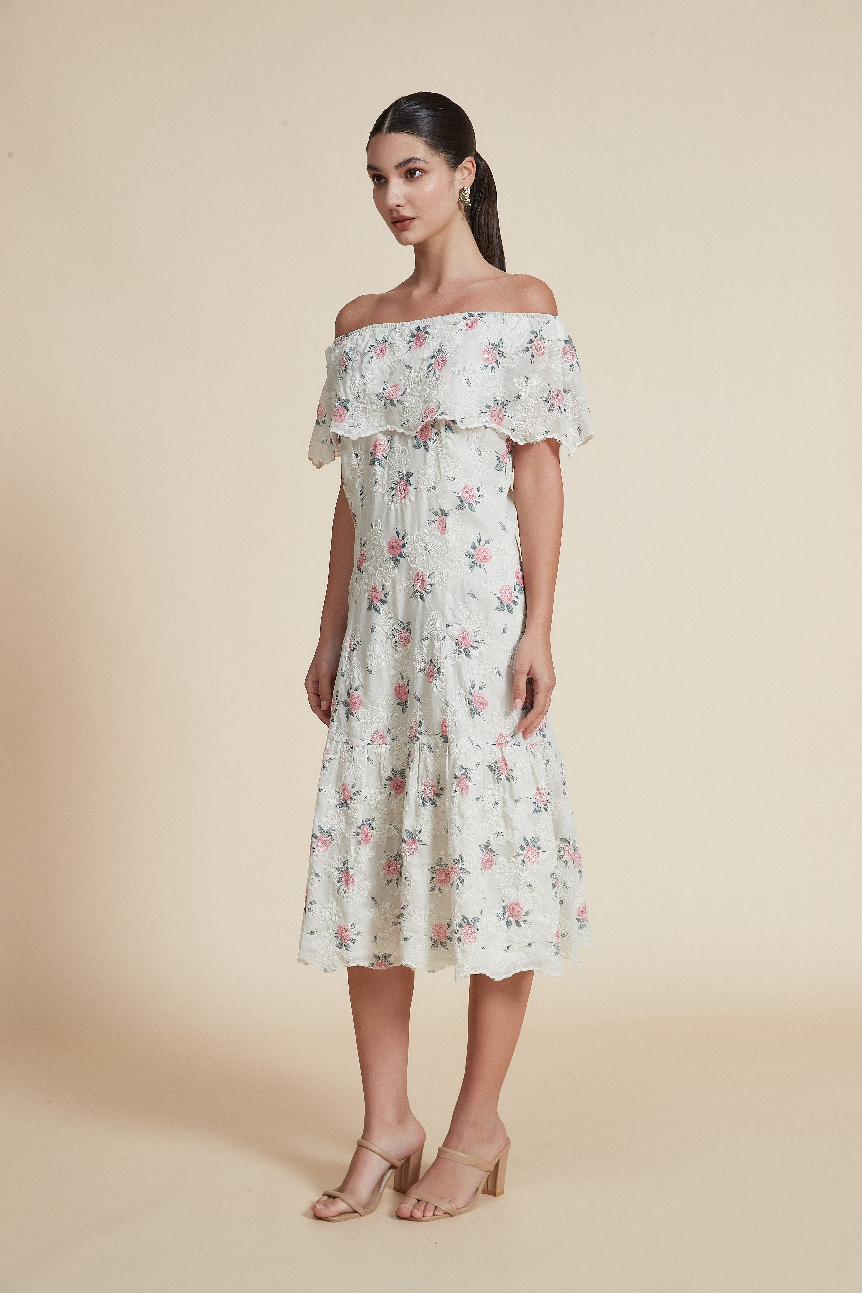 Ruffled Off-Shoulder Midi Dress in Mauve