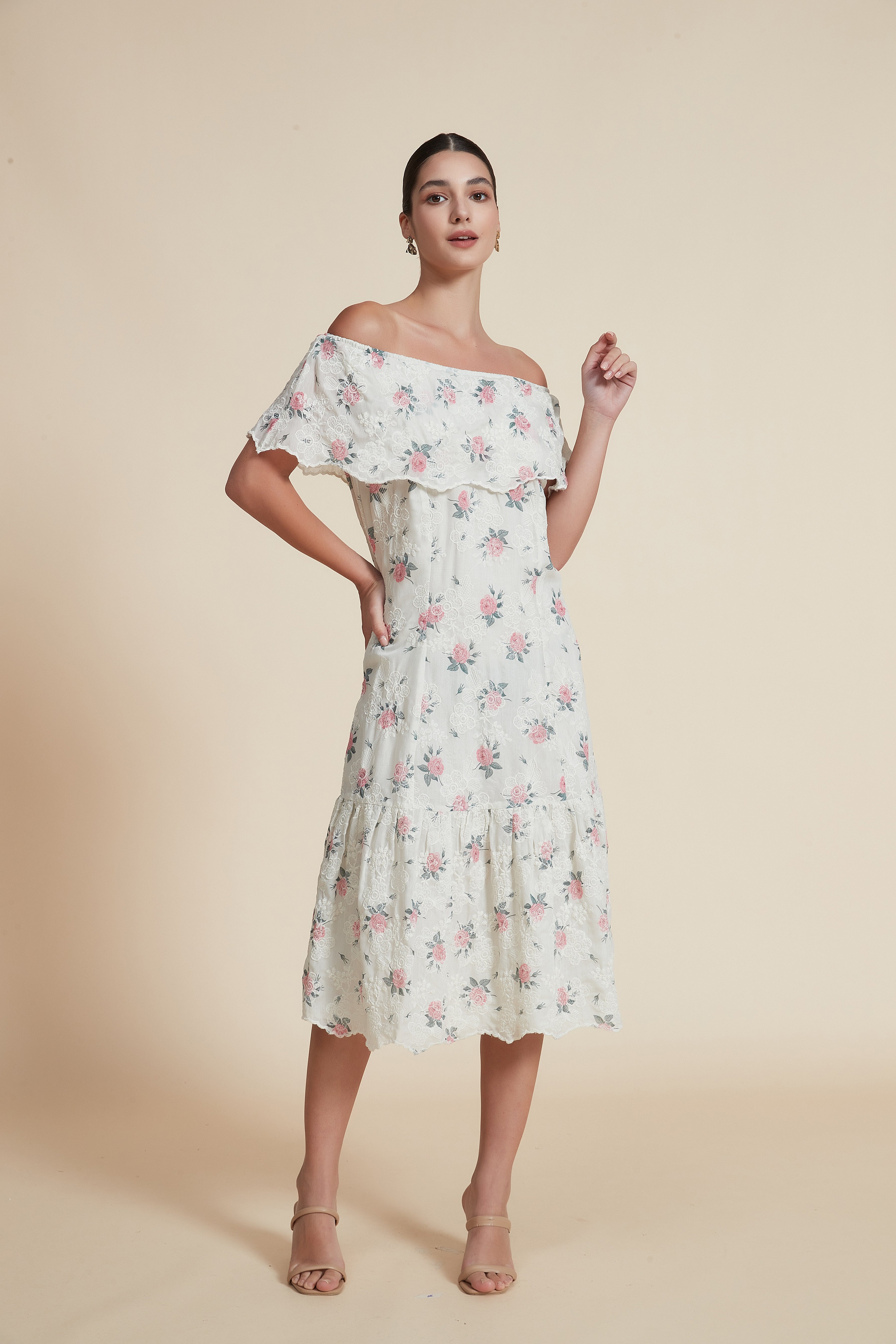 Ruffled Off-Shoulder Midi Dress in Mauve