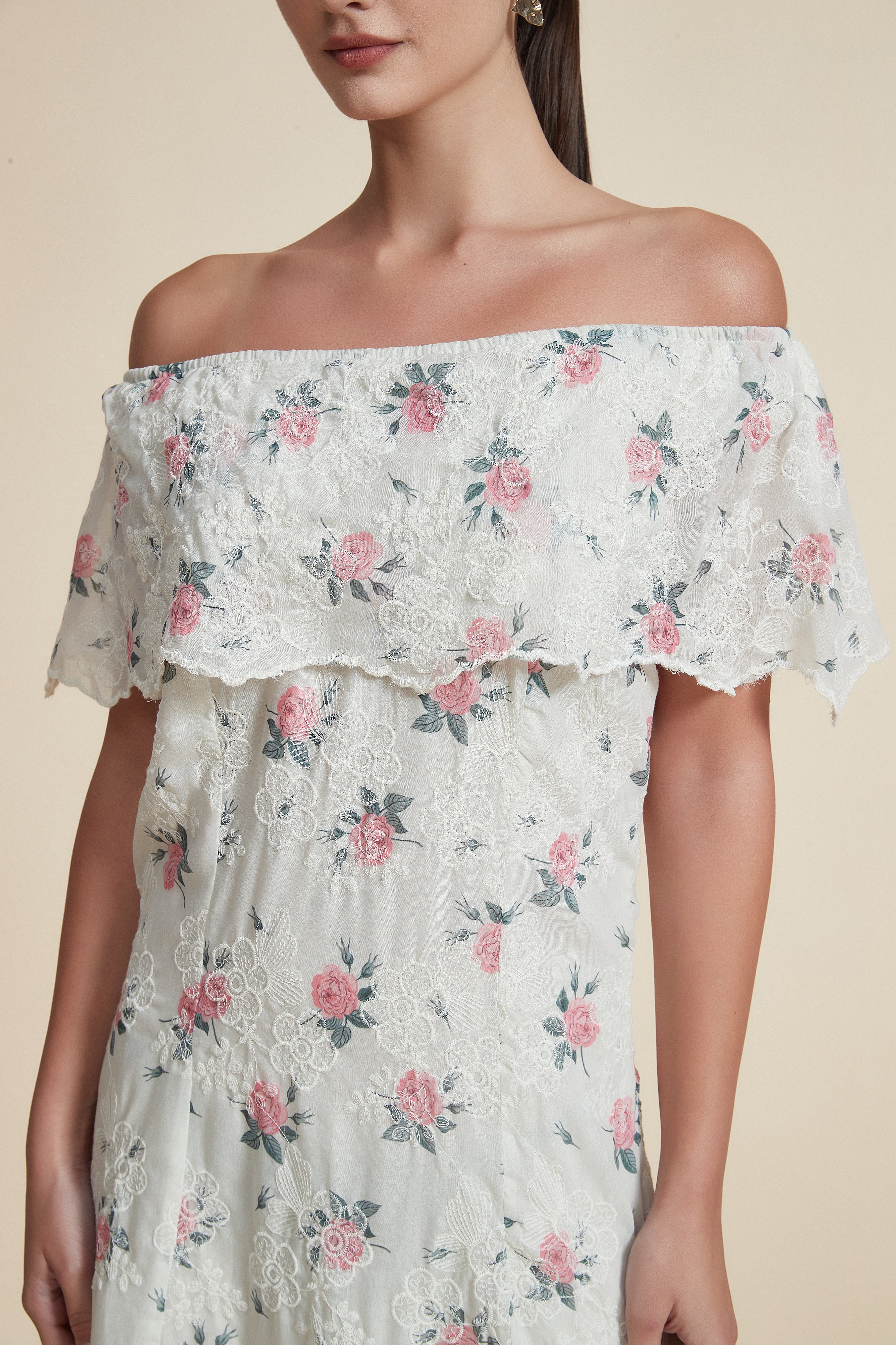 Ruffled Off-Shoulder Midi Dress in Mauve