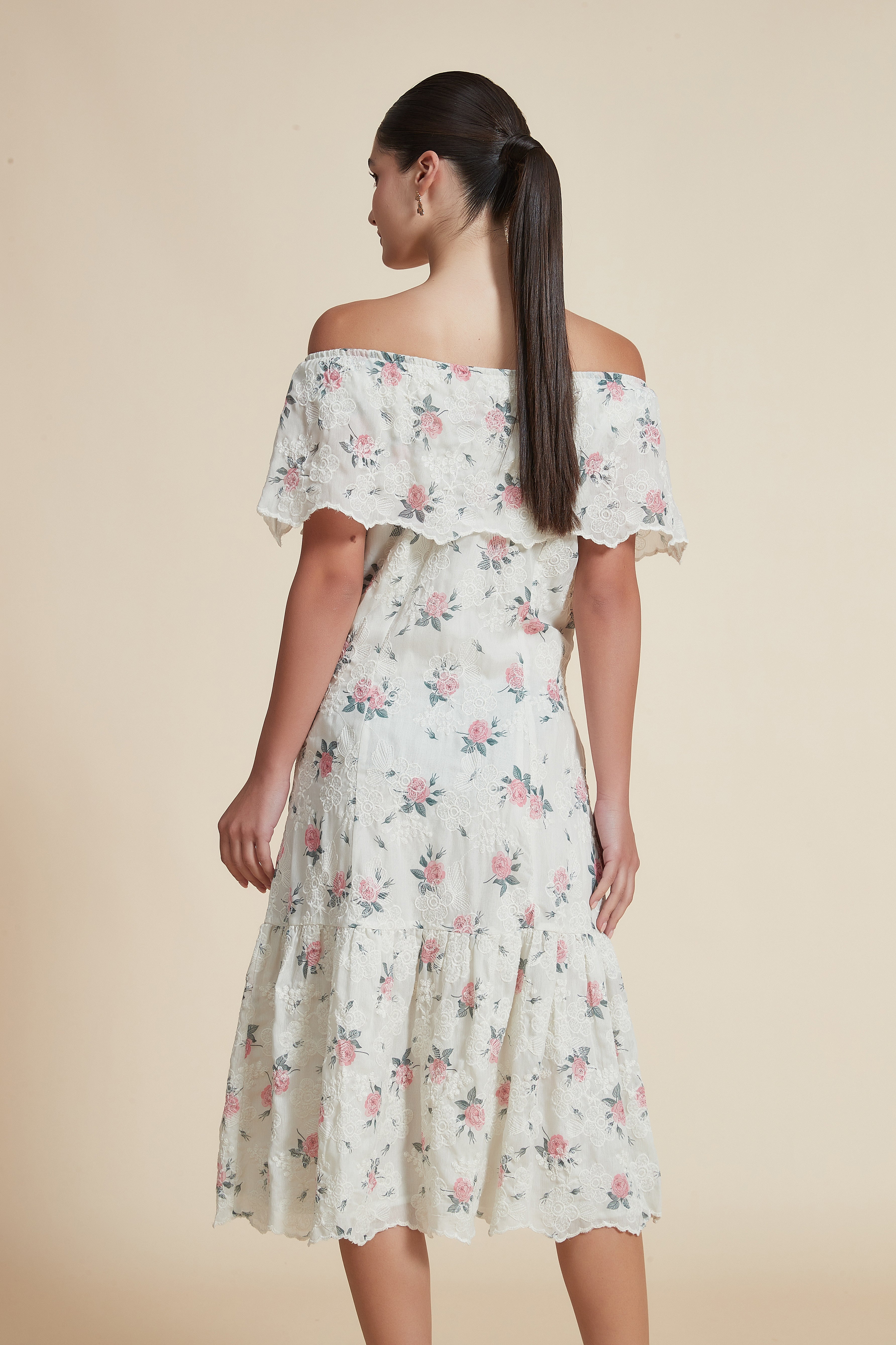 Ruffled Off-Shoulder Midi Dress in Mauve