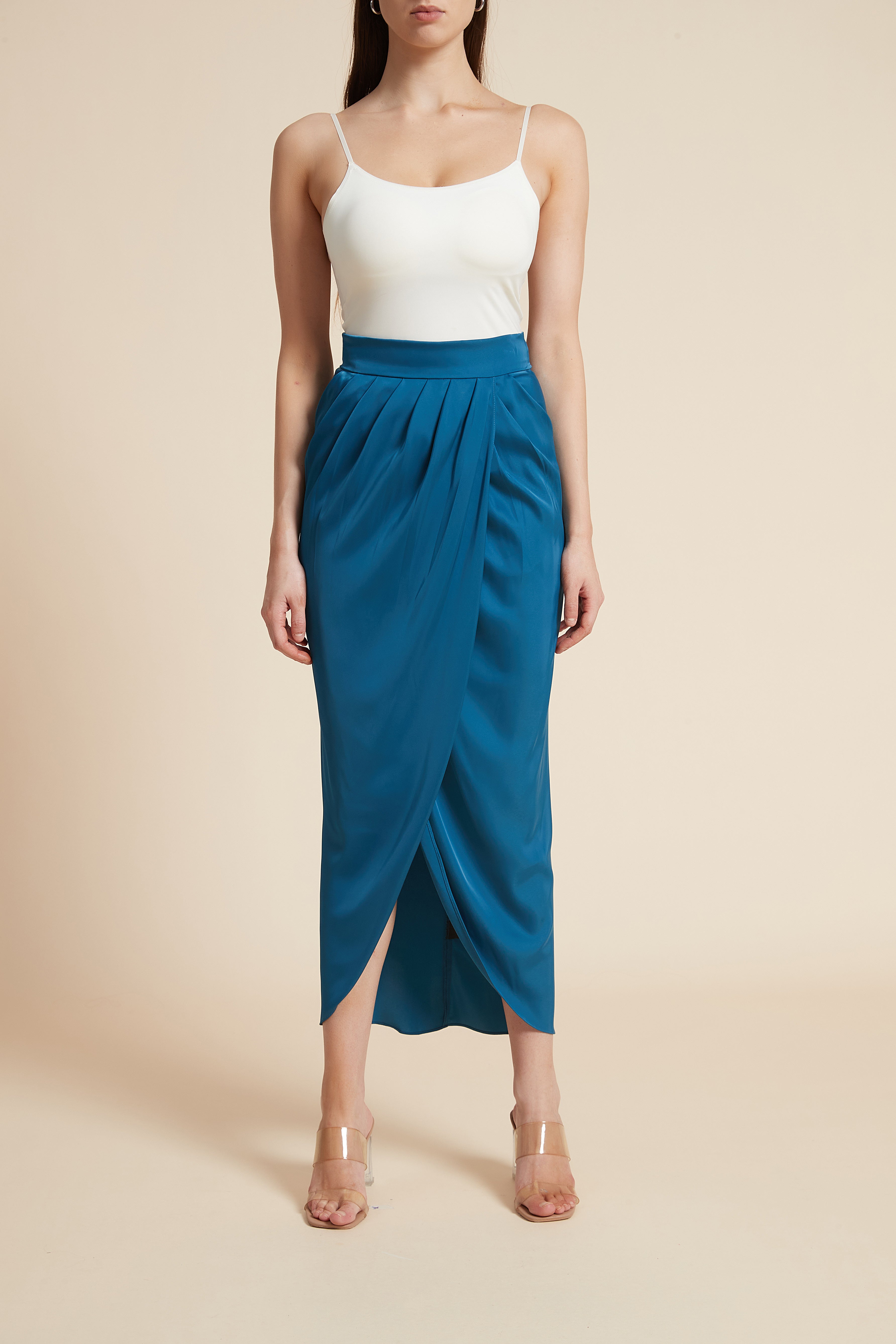 Solid Midi Skirt with Ruffled Details and Front Slit