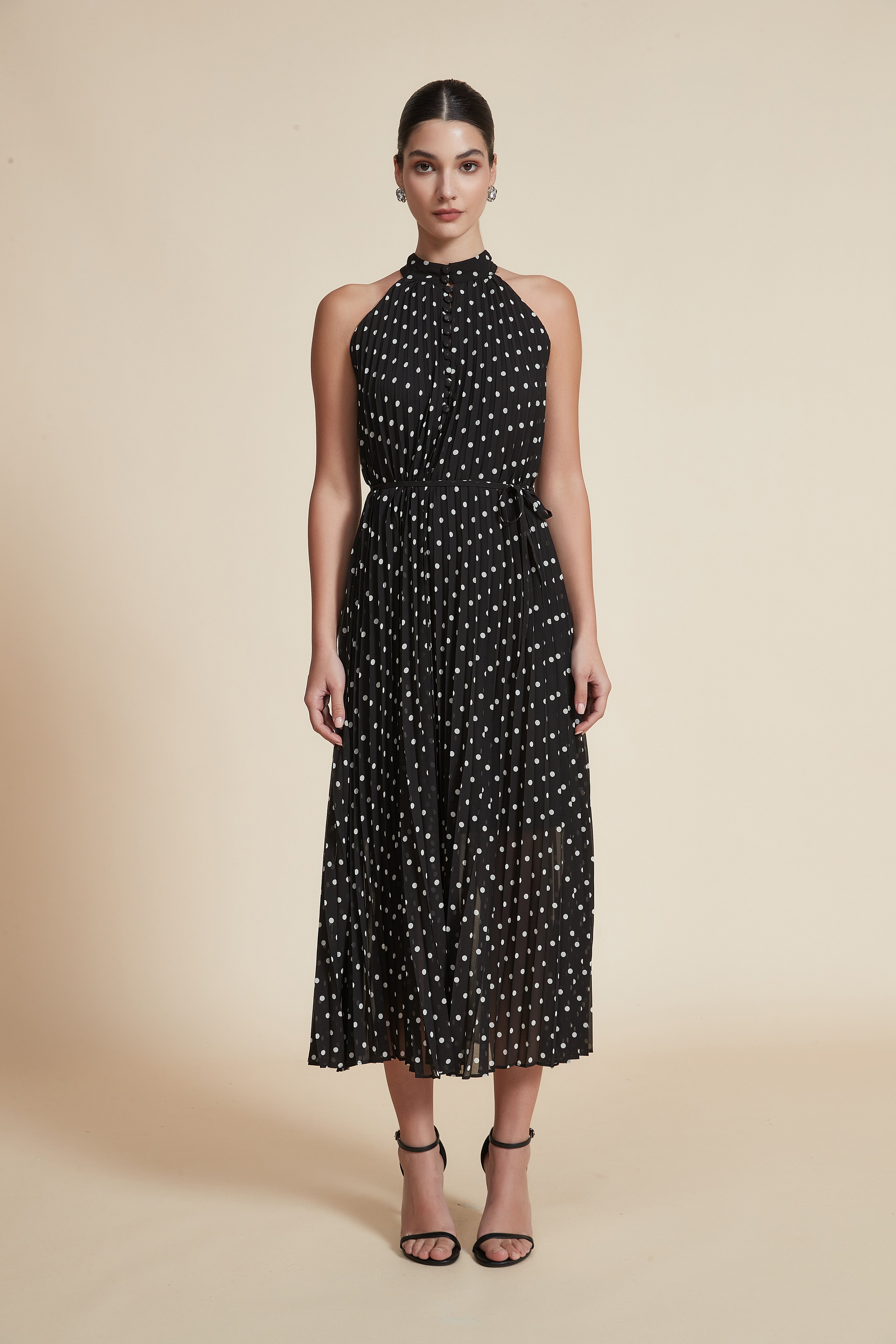 Polka Dot Halter Neck Midi Dress Without Sleeves