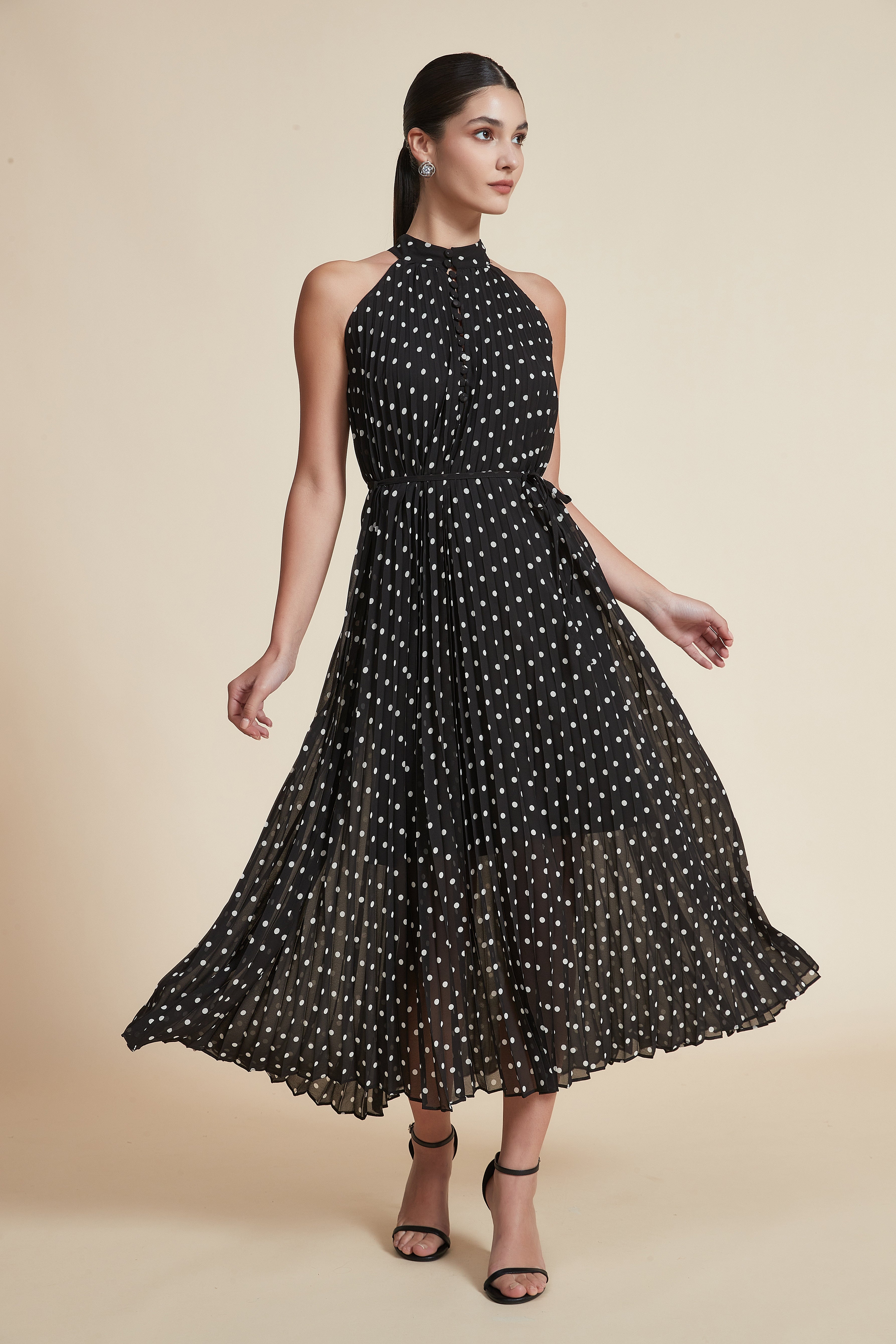 Polka Dot Halter Neck Midi Dress Without Sleeves