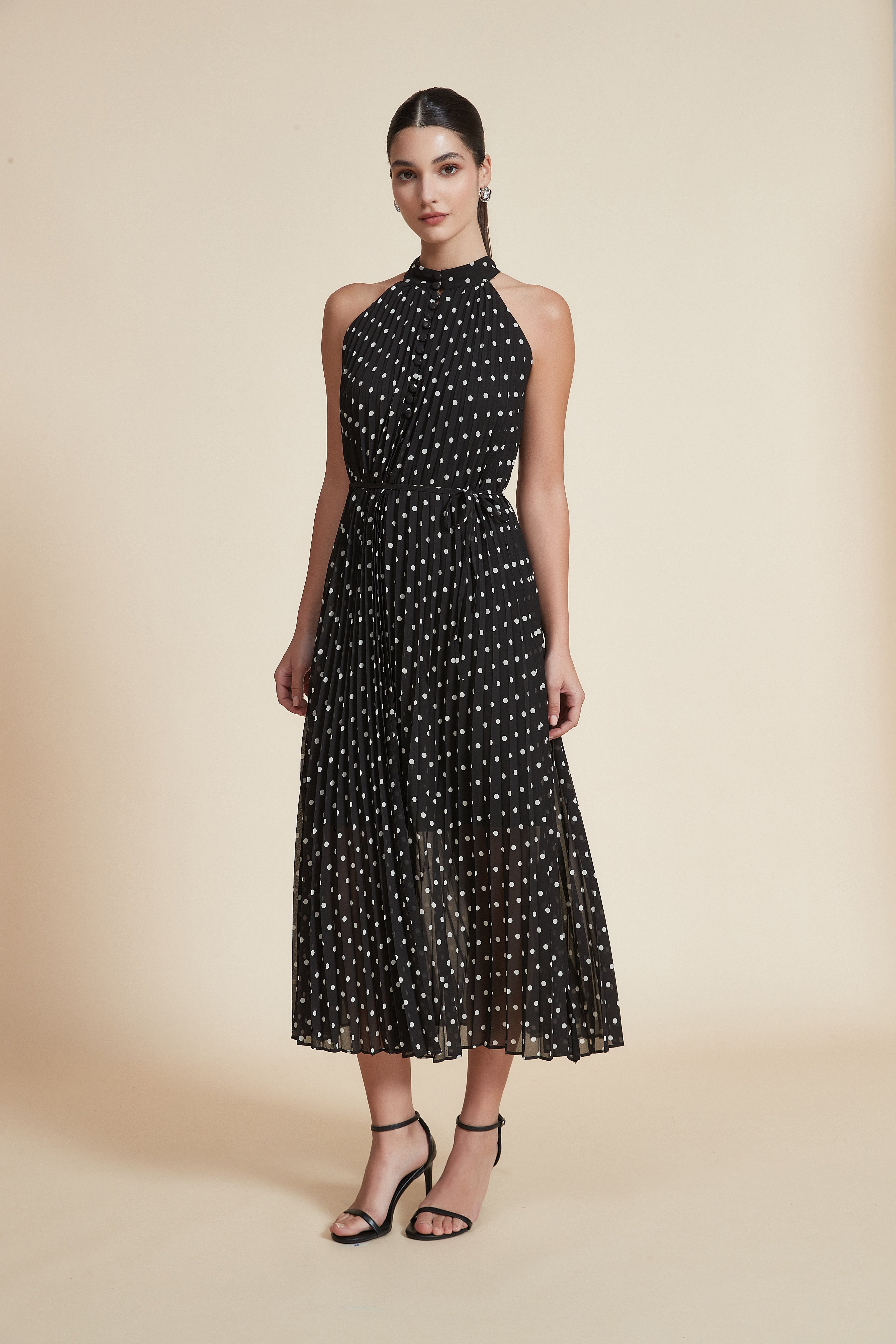 Polka Dot Halter Neck Midi Dress Without Sleeves