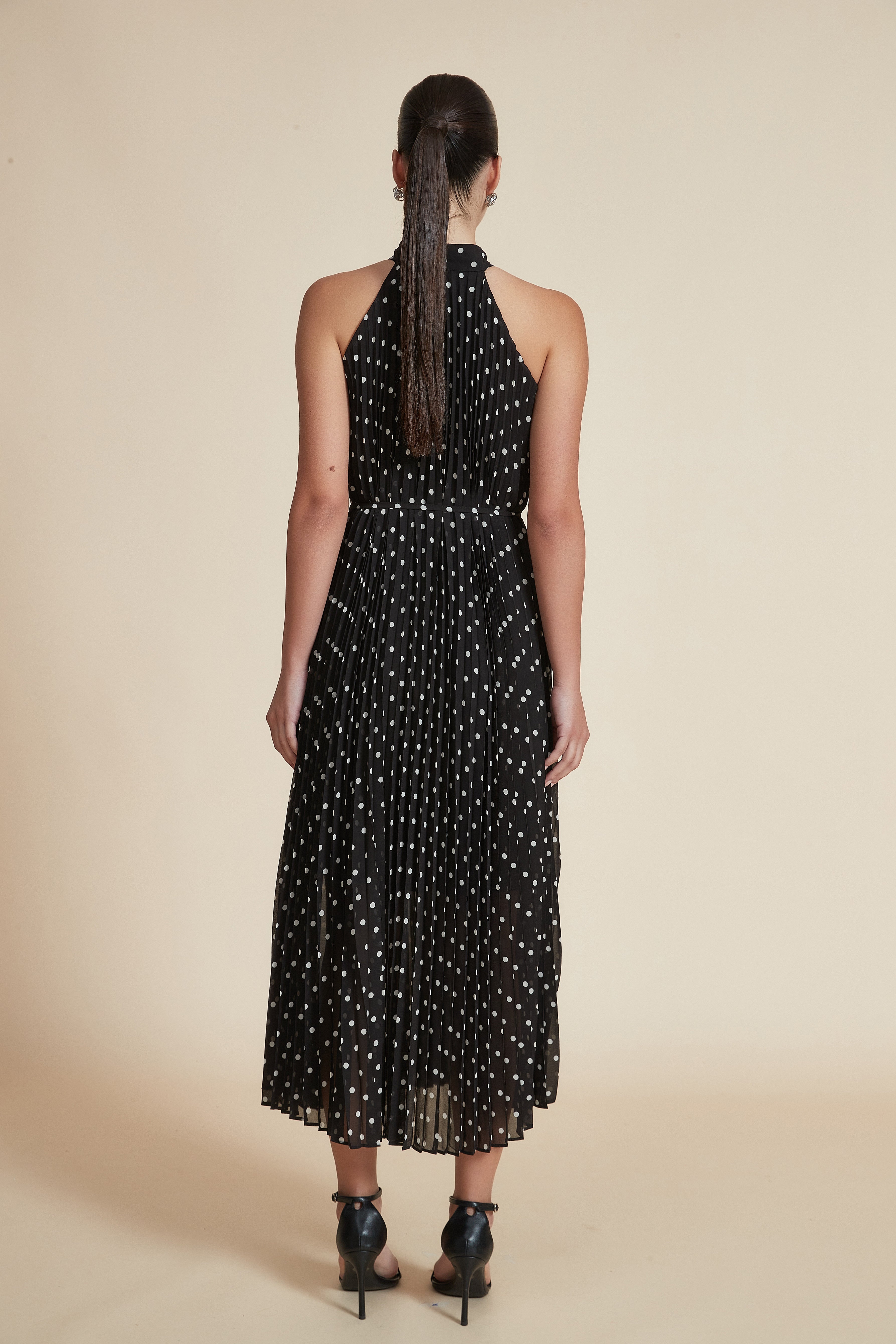Polka Dot Halter Neck Midi Dress Without Sleeves