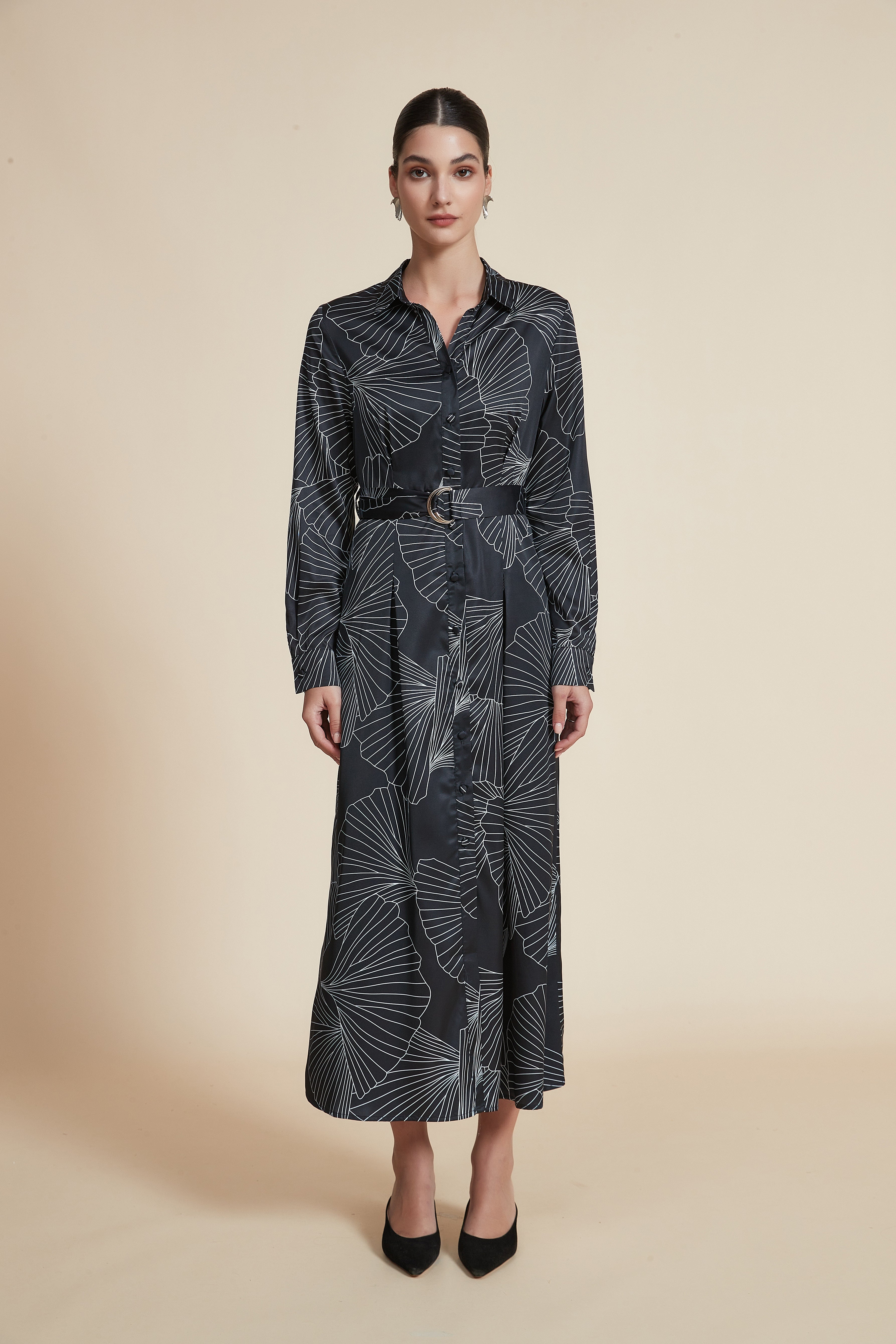 Long Printed Dress with Long Sleeves, Shirt Collar