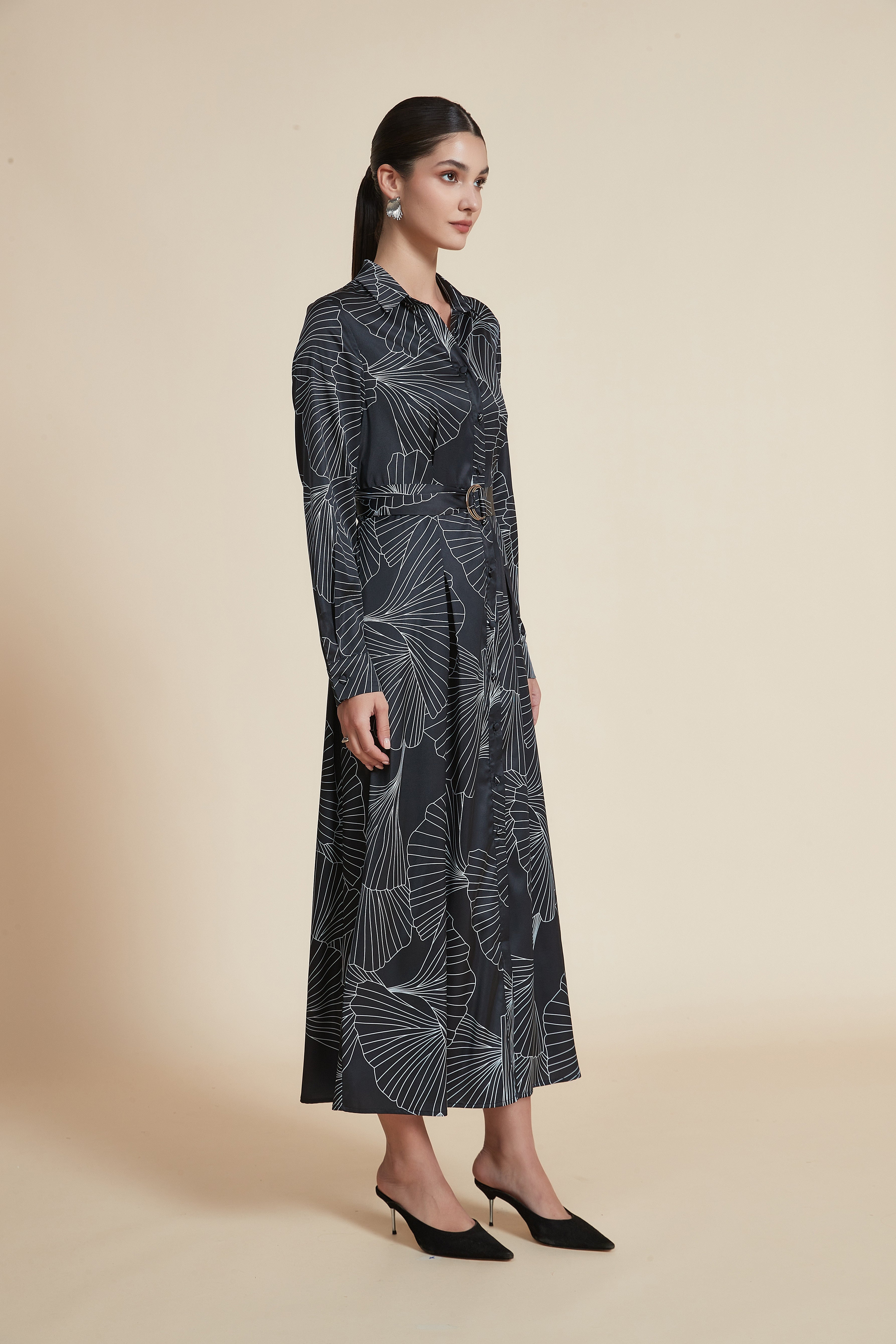 Long Printed Dress with Long Sleeves, Shirt Collar