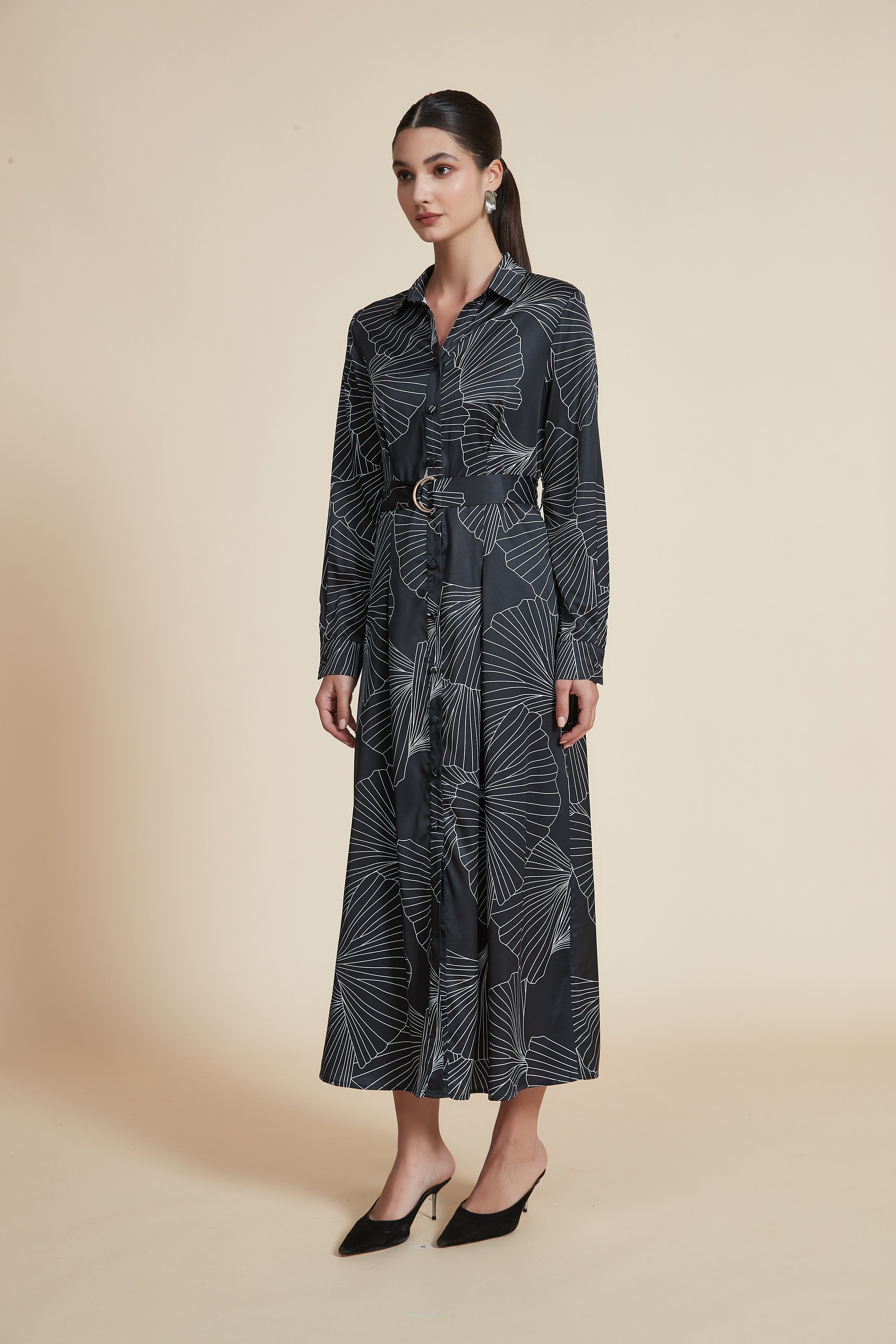 Long Printed Dress with Long Sleeves, Shirt Collar