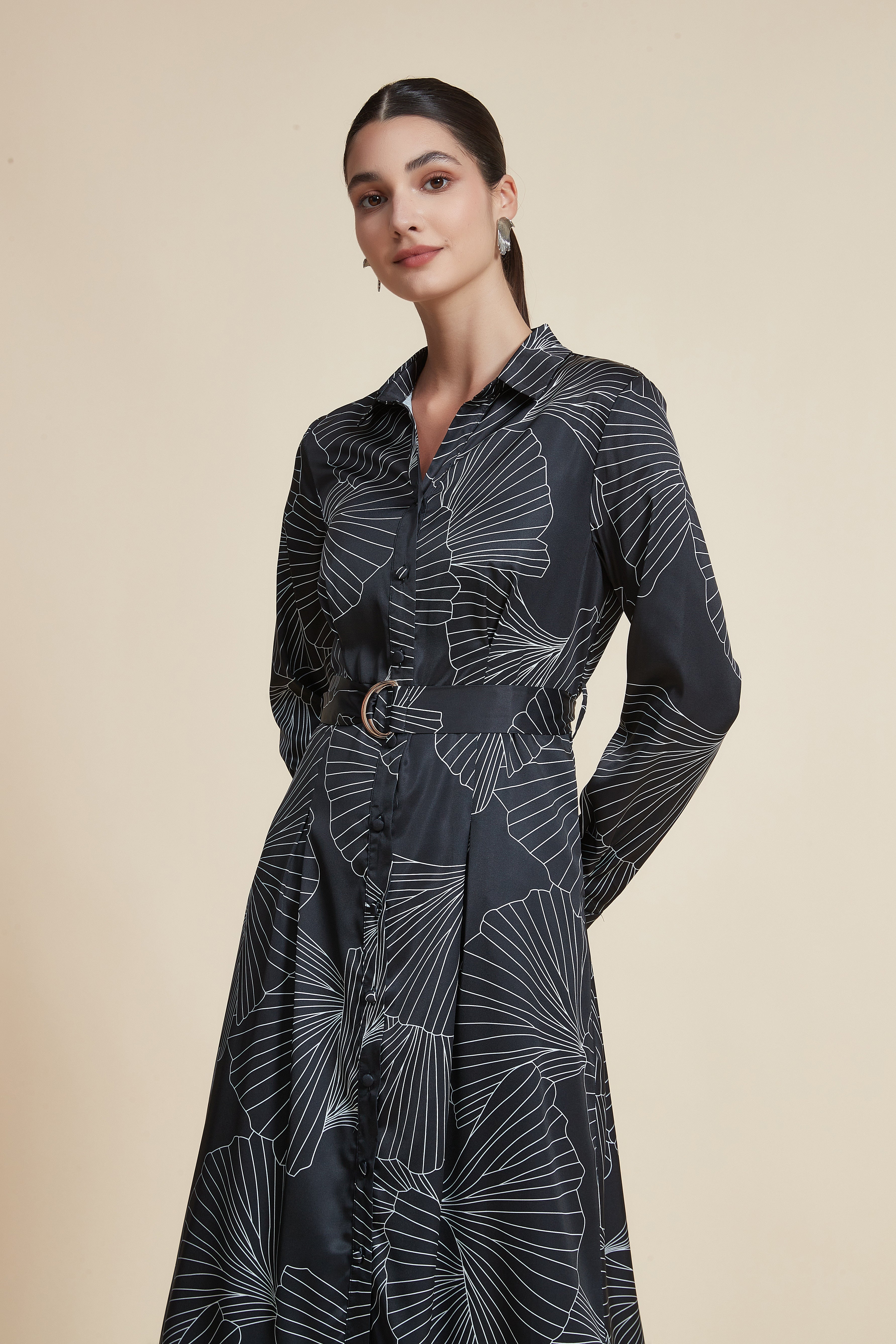 Long Printed Dress with Long Sleeves, Shirt Collar