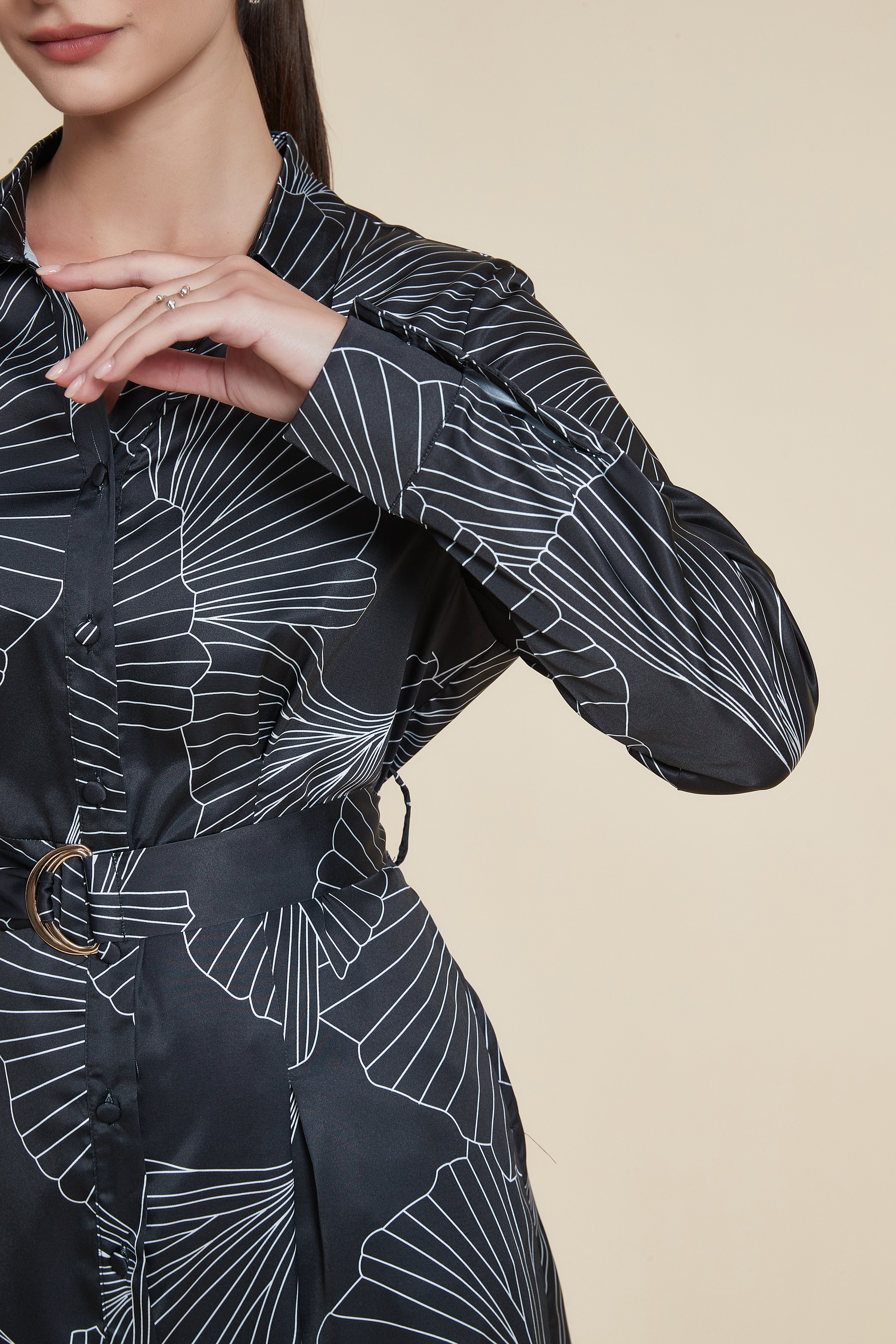 Long Printed Dress with Long Sleeves, Shirt Collar