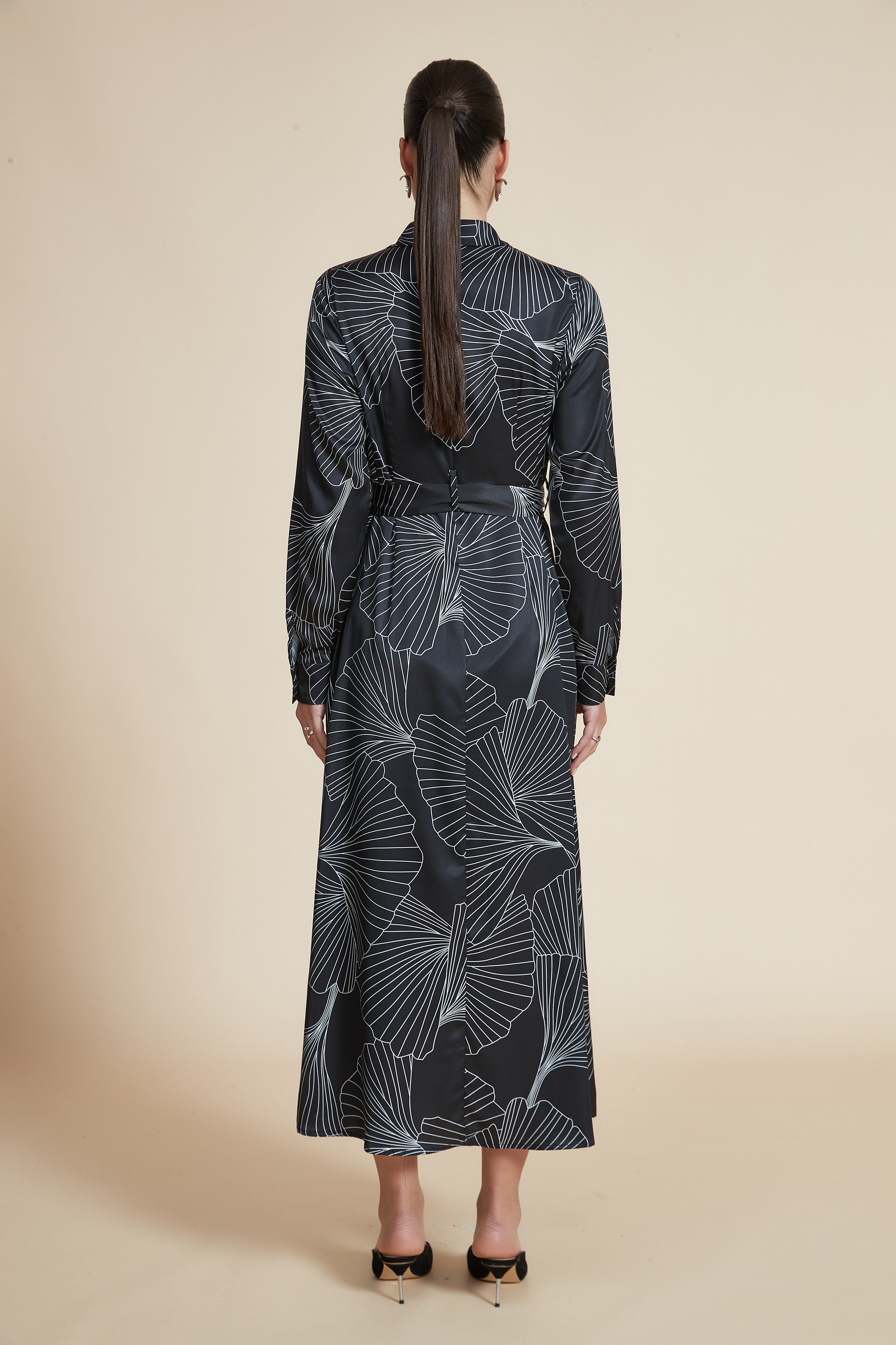 Long Printed Dress with Long Sleeves, Shirt Collar