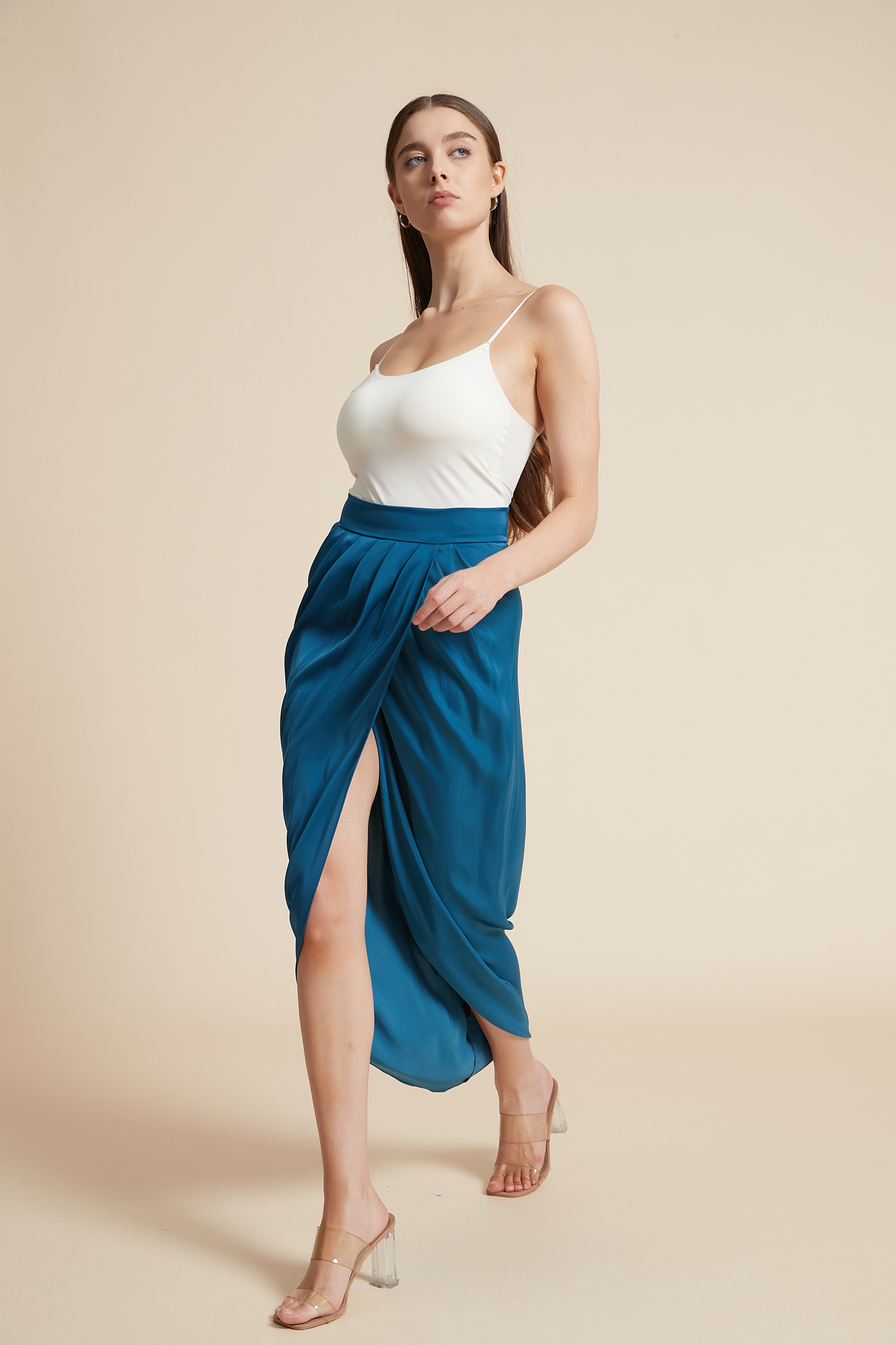 Solid Midi Skirt with Ruffled Details and Front Slit