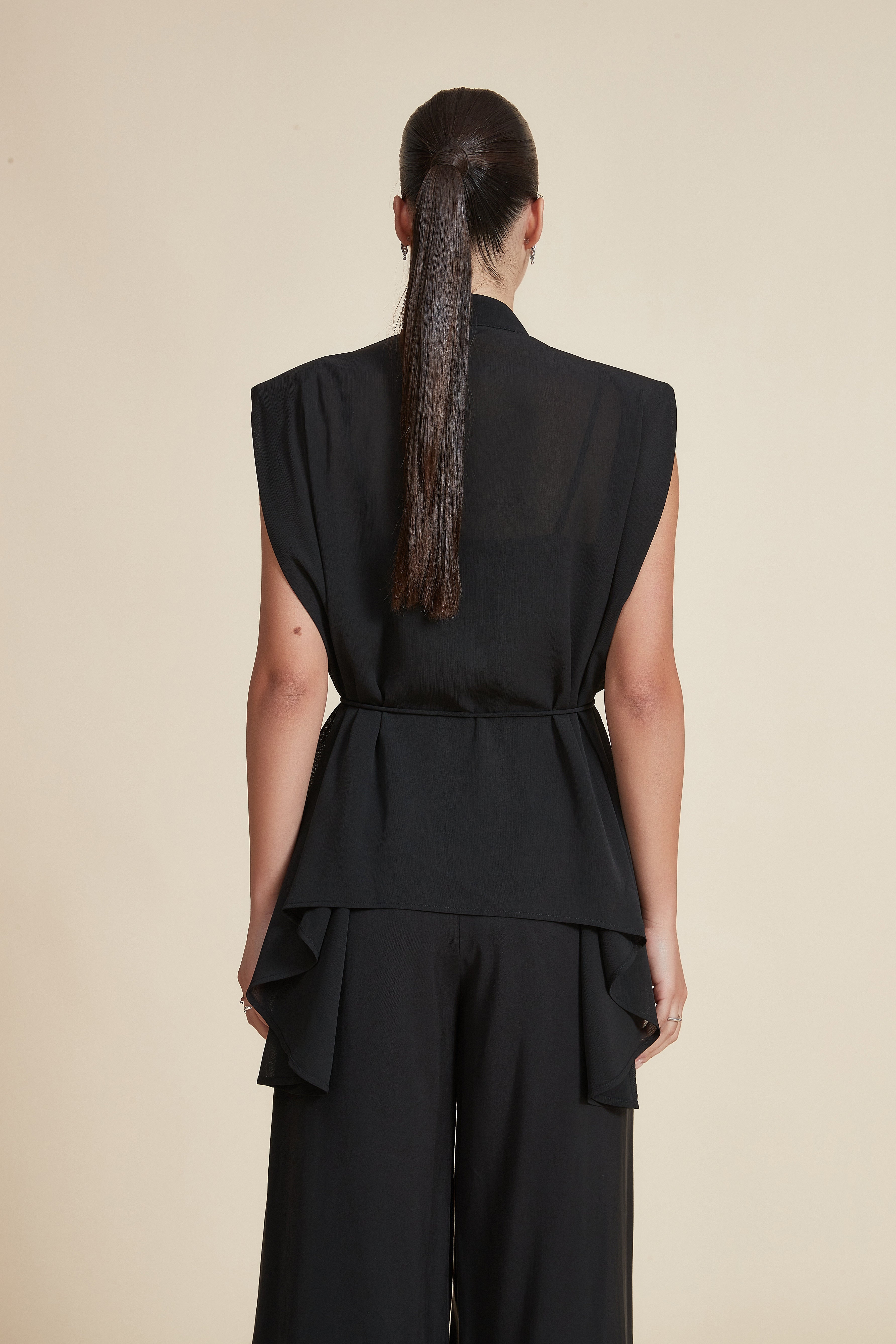 Embroidered Beaded Sleeveless Blouse with Belt