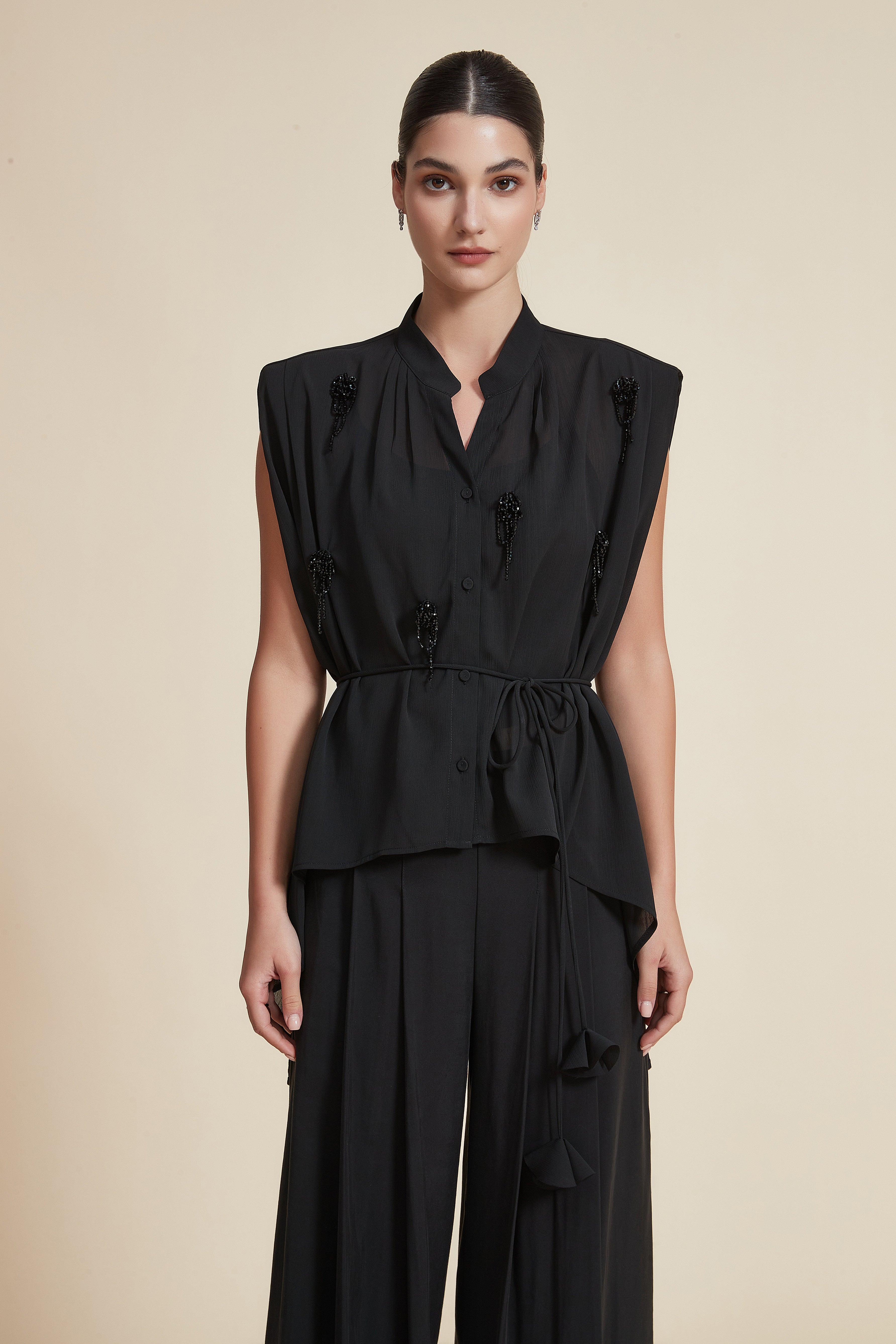 Embroidered Beaded Sleeveless Blouse with Belt