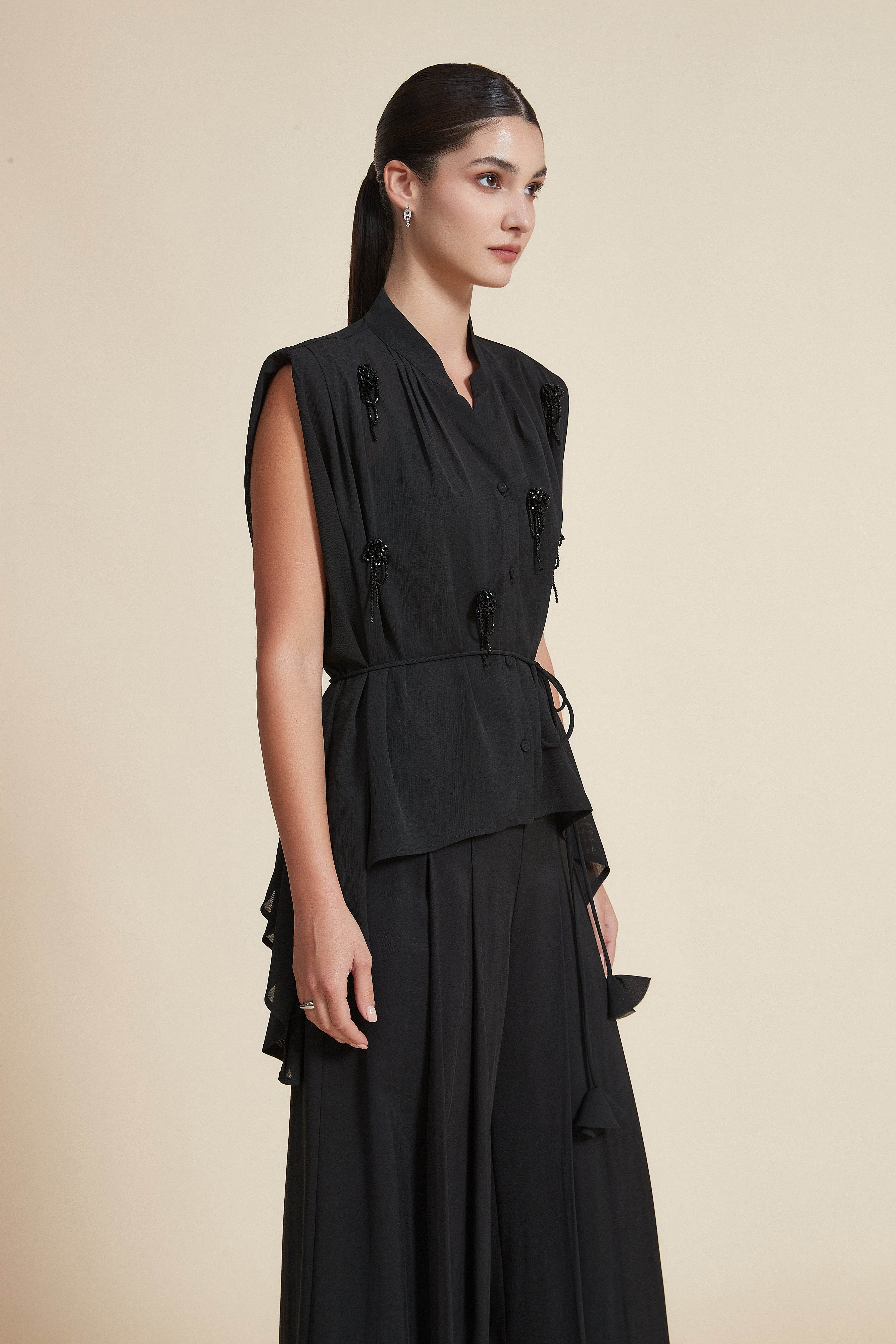 Embroidered Beaded Sleeveless Blouse with Belt