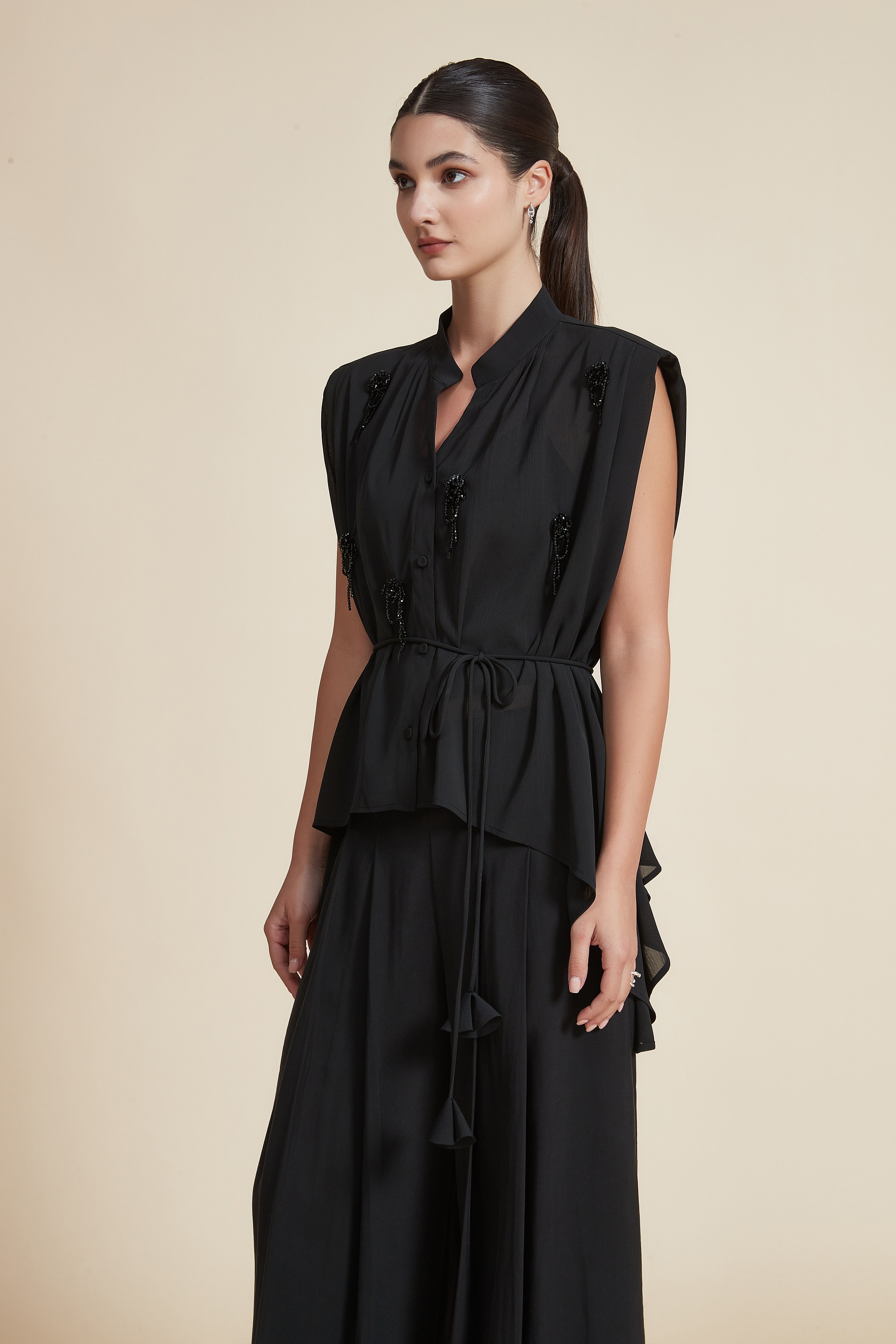 Embroidered Beaded Sleeveless Blouse with Belt