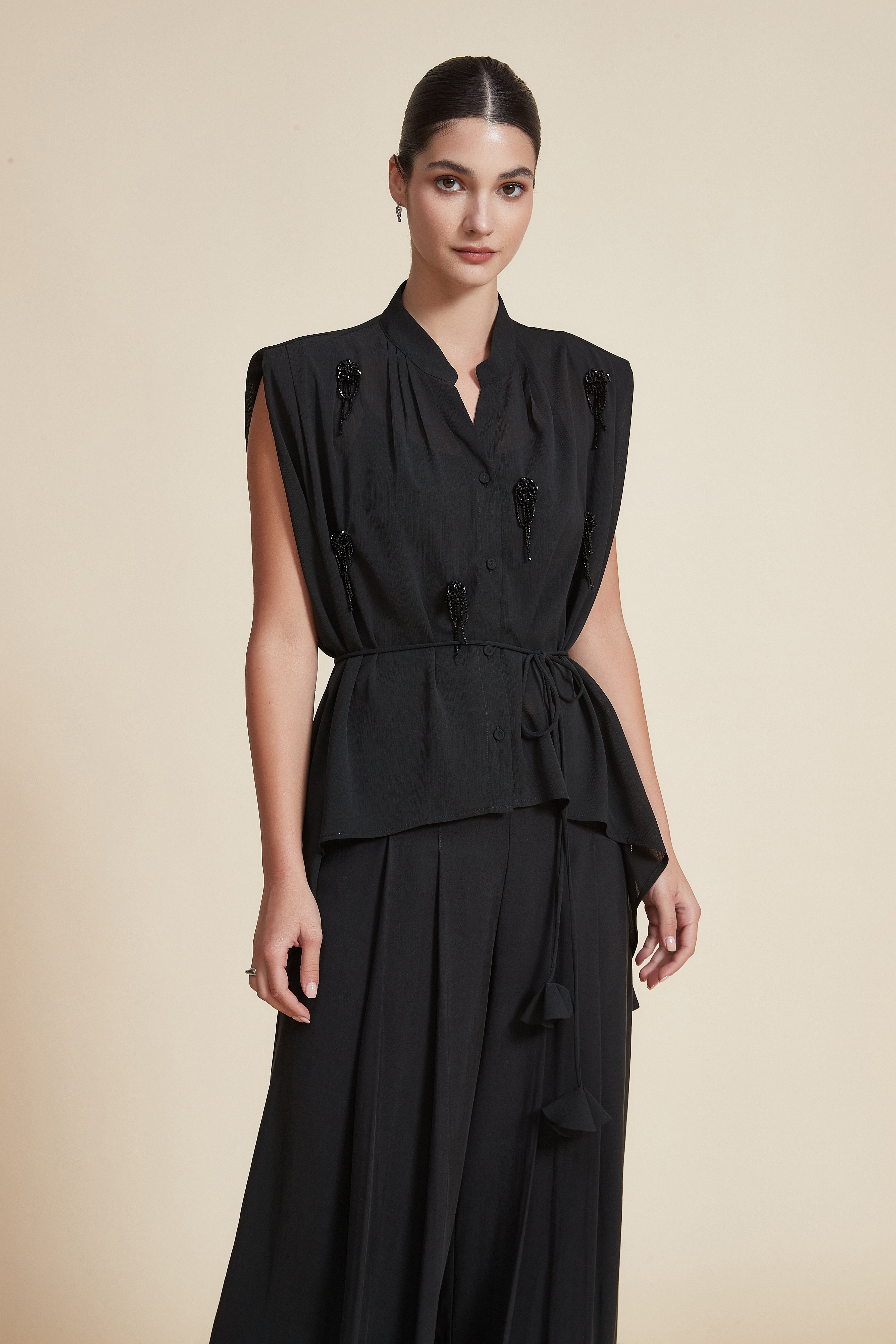 Embroidered Beaded Sleeveless Blouse with Belt