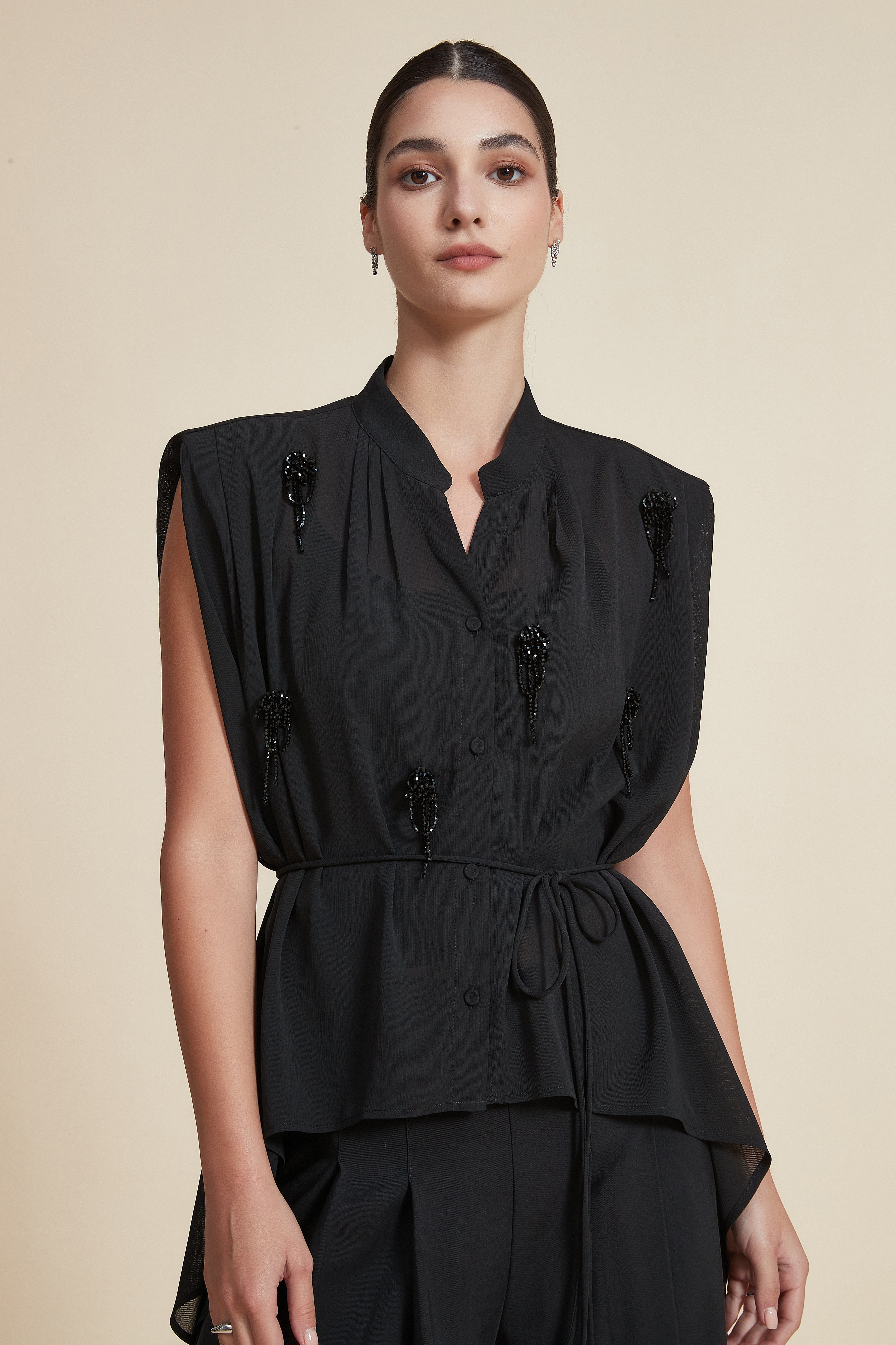 Embroidered Beaded Sleeveless Blouse with Belt